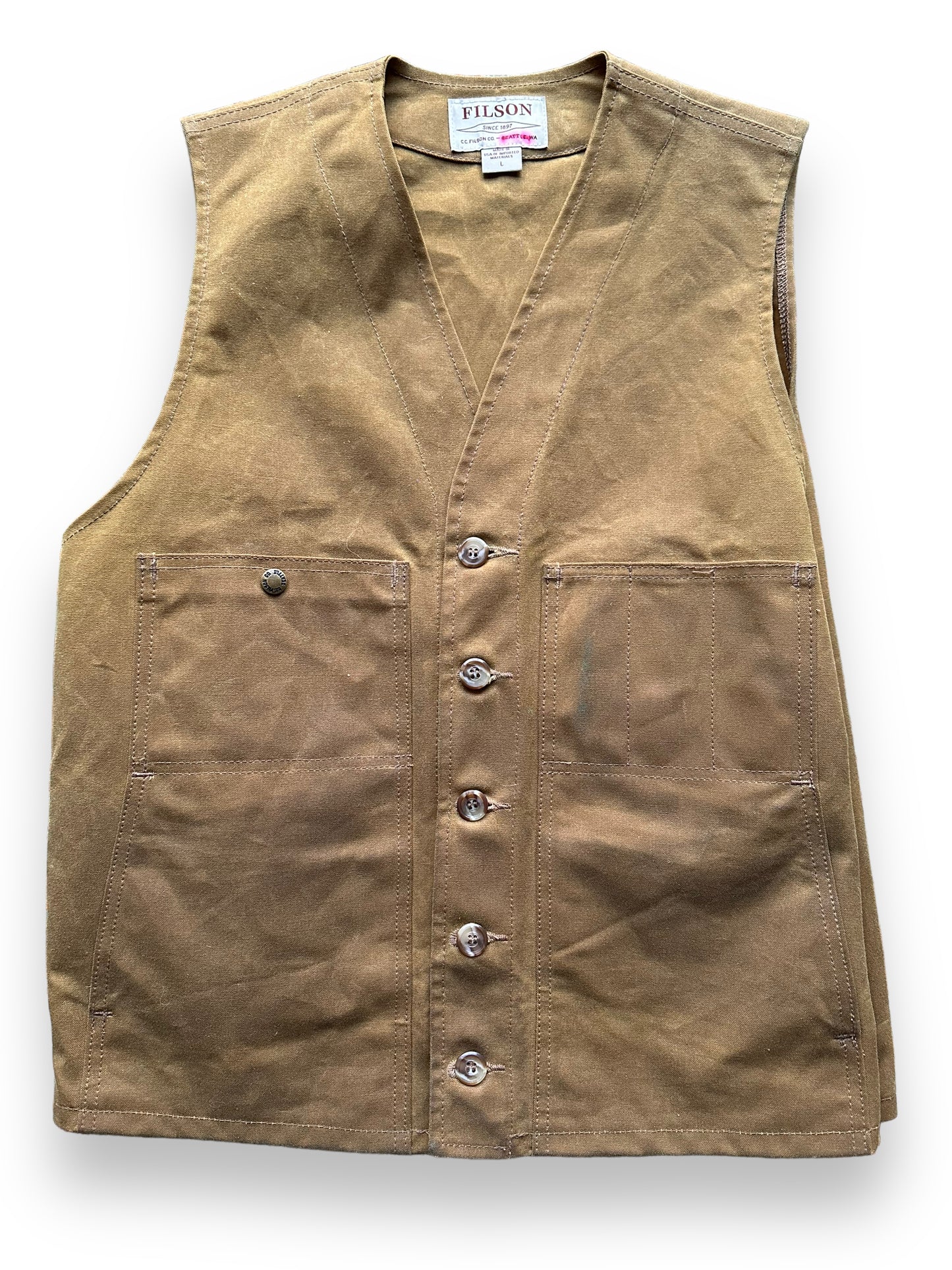 Front Detail on Filson Tin Cloth Vest SZ L | Filson Bargain Outlet Seattle | Barn Owl Vintage