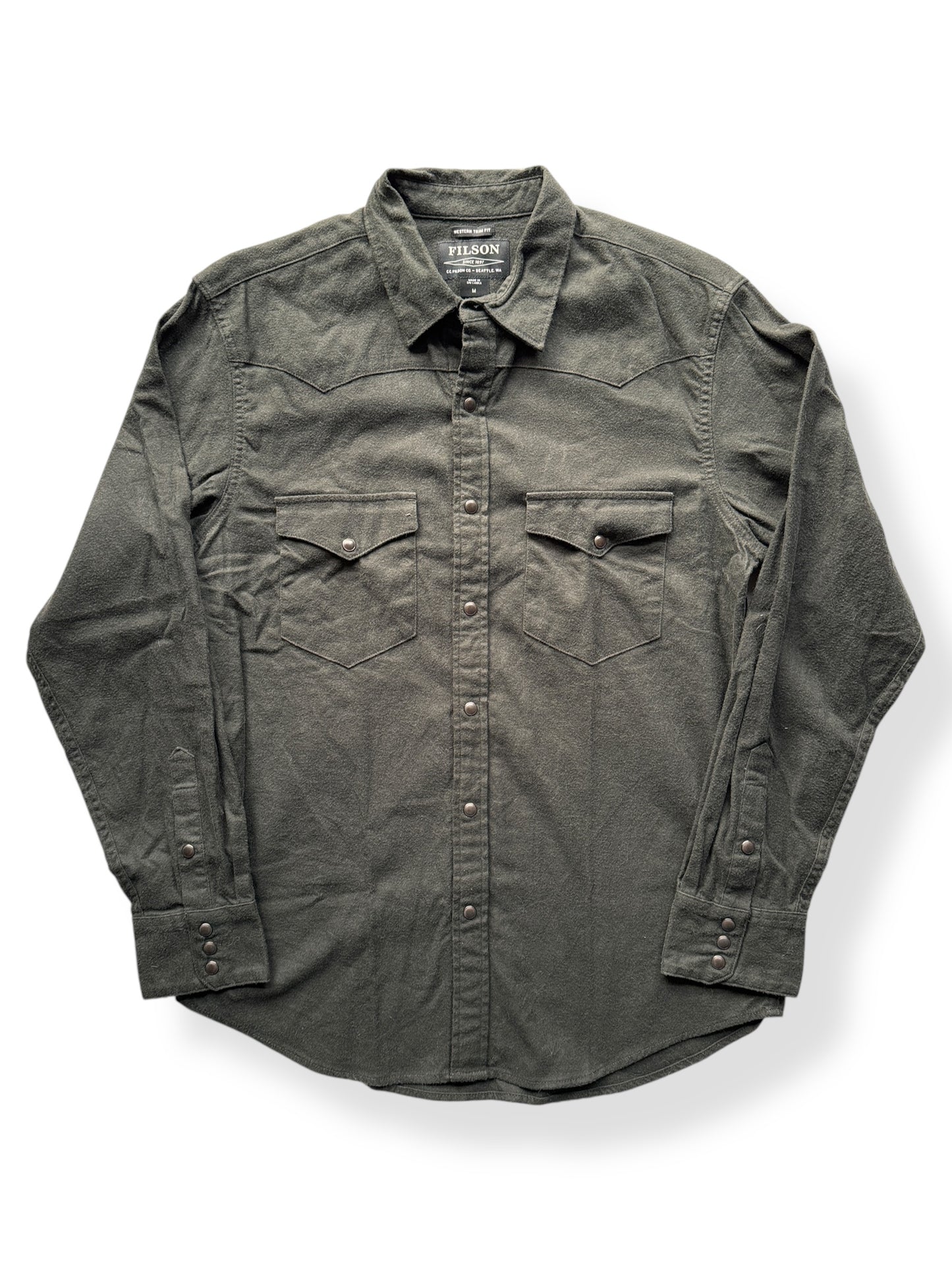 Front of Filson Faded Black Western Flannel Shirt SZ M