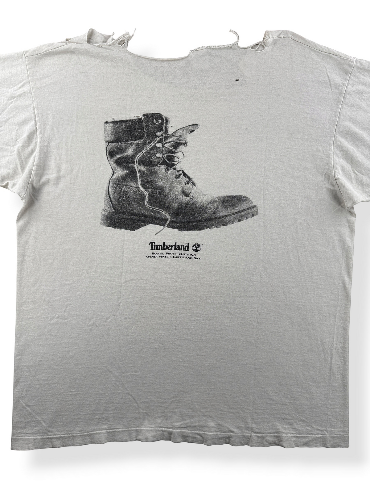 Close-up of back Vintage Thrashed Give Racism The Boot Timberland Tee SZ XL