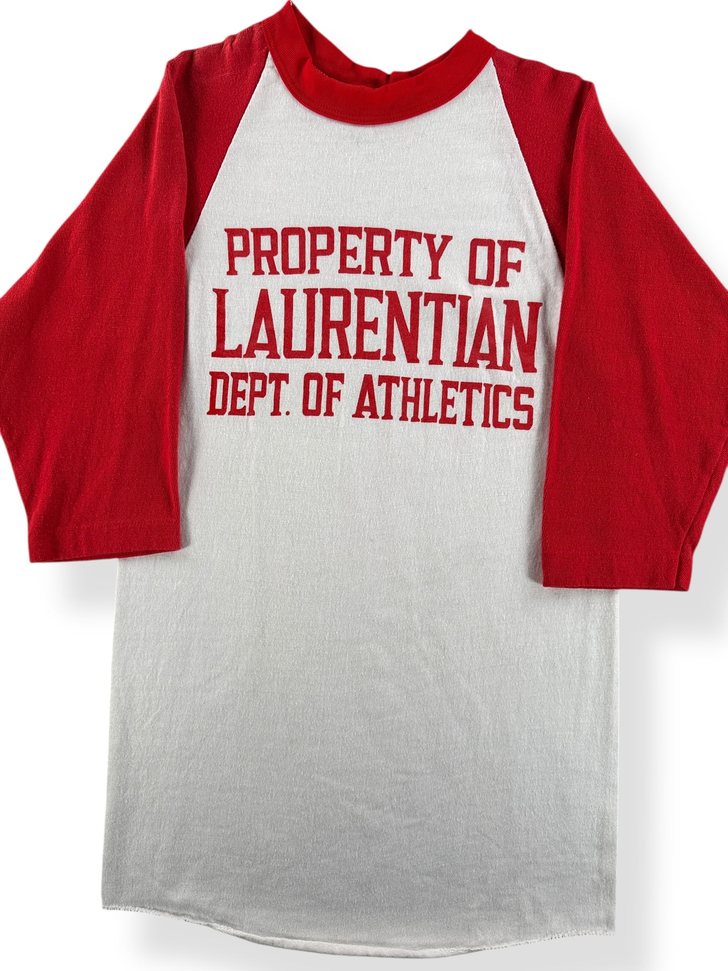 Front Close Up of Vintage Laurentian Raglan Tee SZ S (Fits XXS)