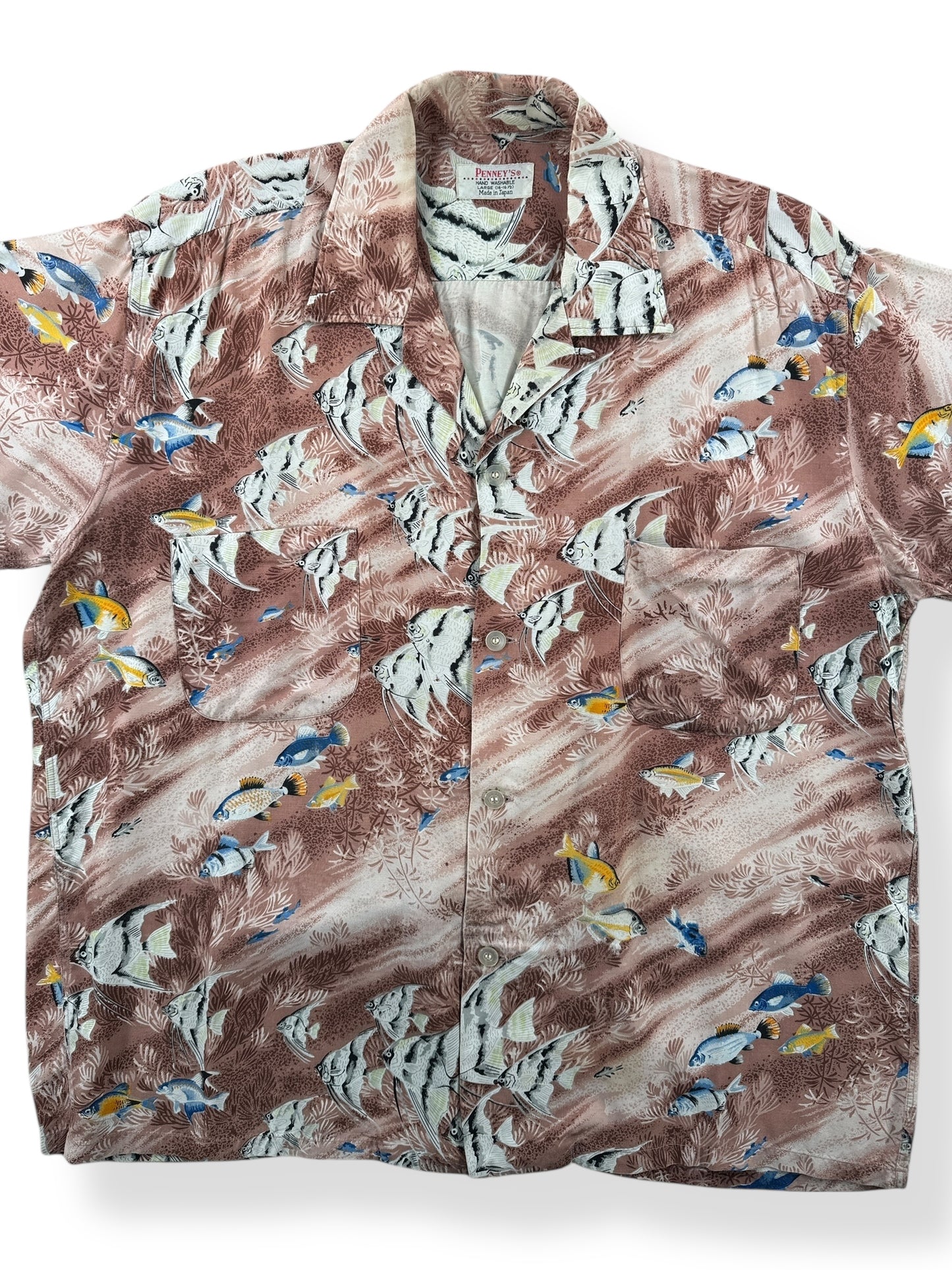 Front Close Up of Vintage Penney's Rayon Fish Aloha Shirt SZ L