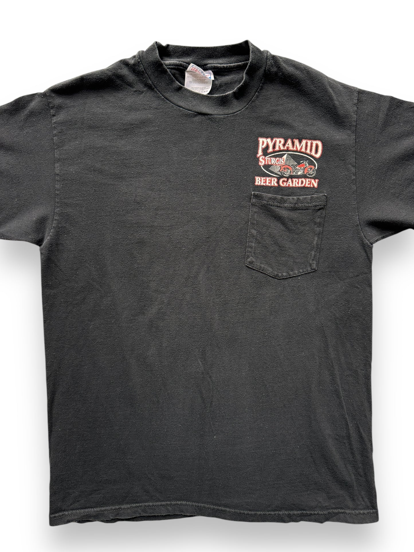 front close up of Vintage Sturgis Pyramid Beer Garden Pocket Tee SZ M