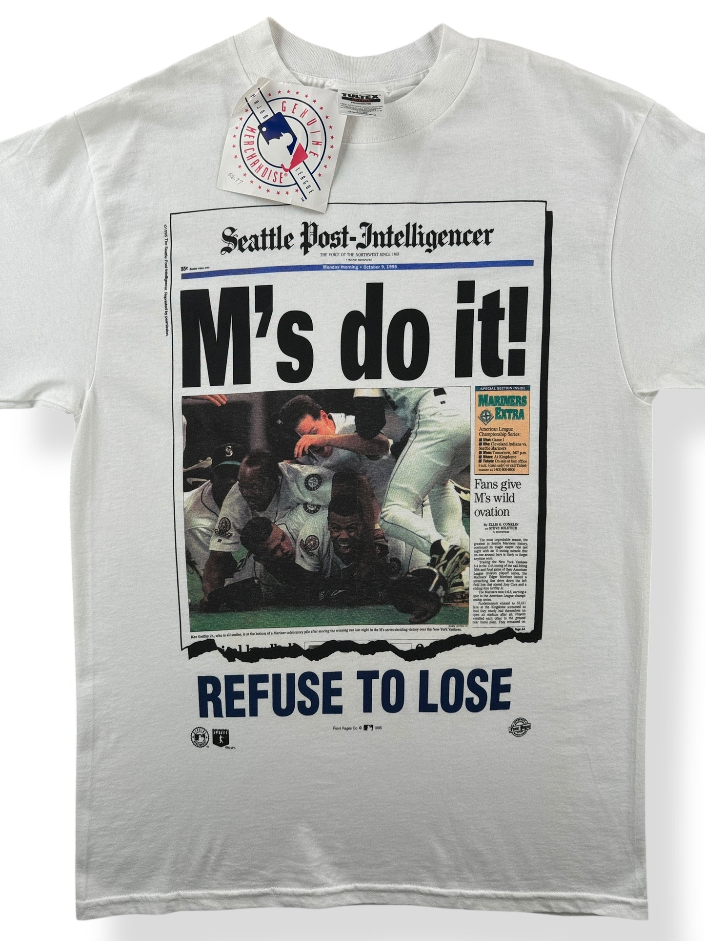 Front Close Up of Vintage NOS 1995 M's Do It Refuse to Lose Seattle Mariners Tee SZ L