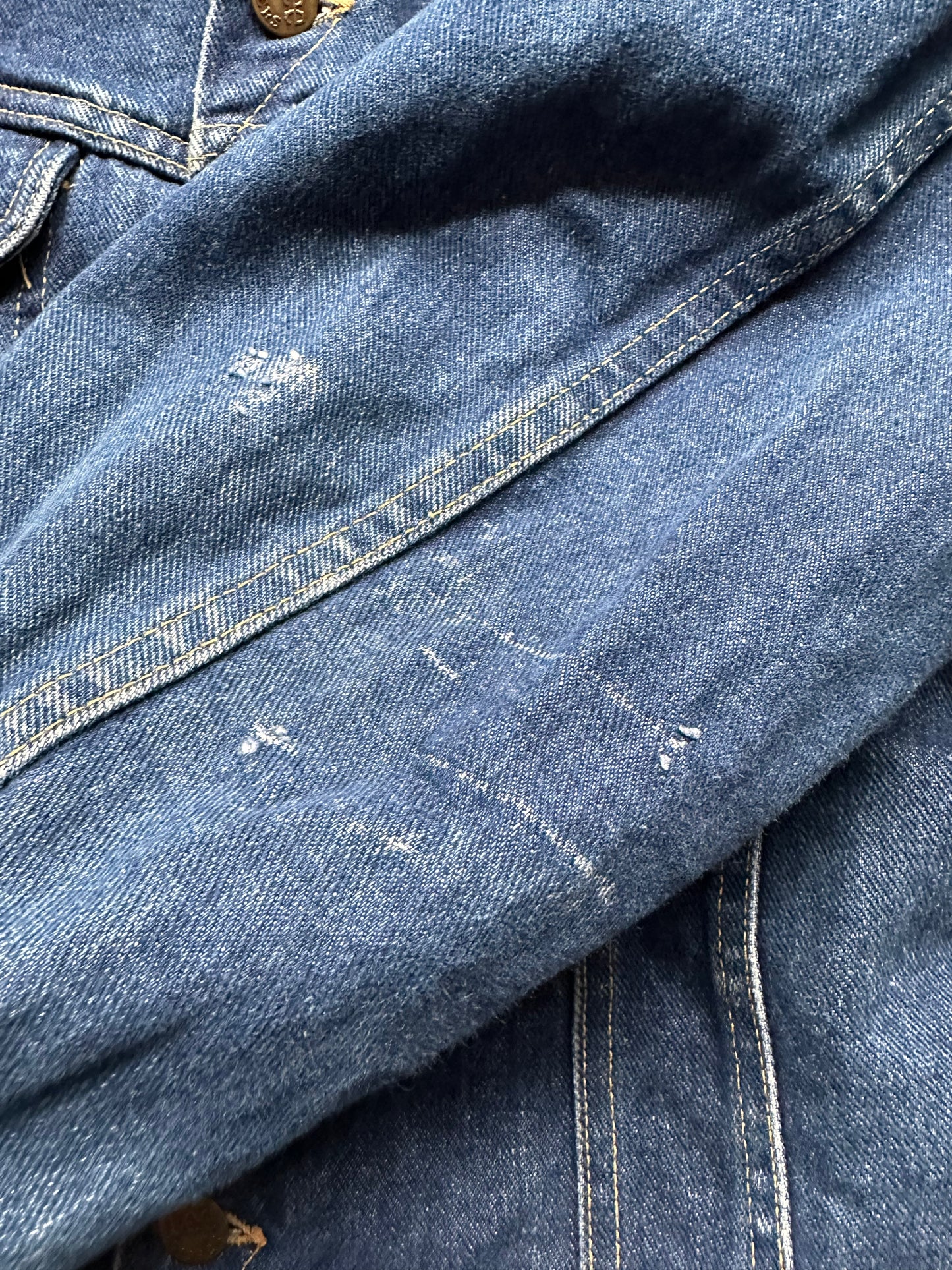 Damage to Upper Left Sleeve on Vintage 80s Era Lee Storm Rider SZ L | Vintage Denim Workwear Seattle | Barn Owl Vintage Seattle