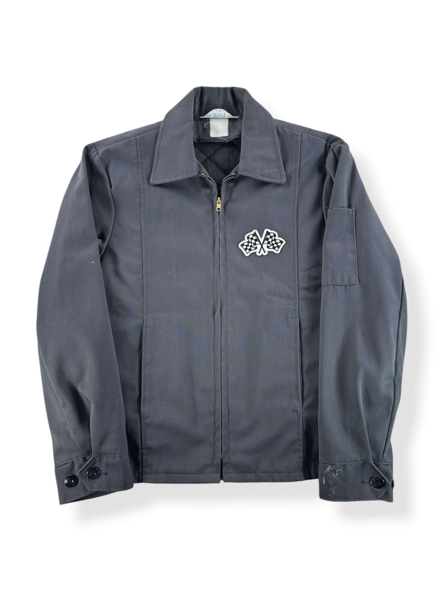 Front of Vintage 90s Grey Checkered Flag Patch Gas Station Jacket SZ M