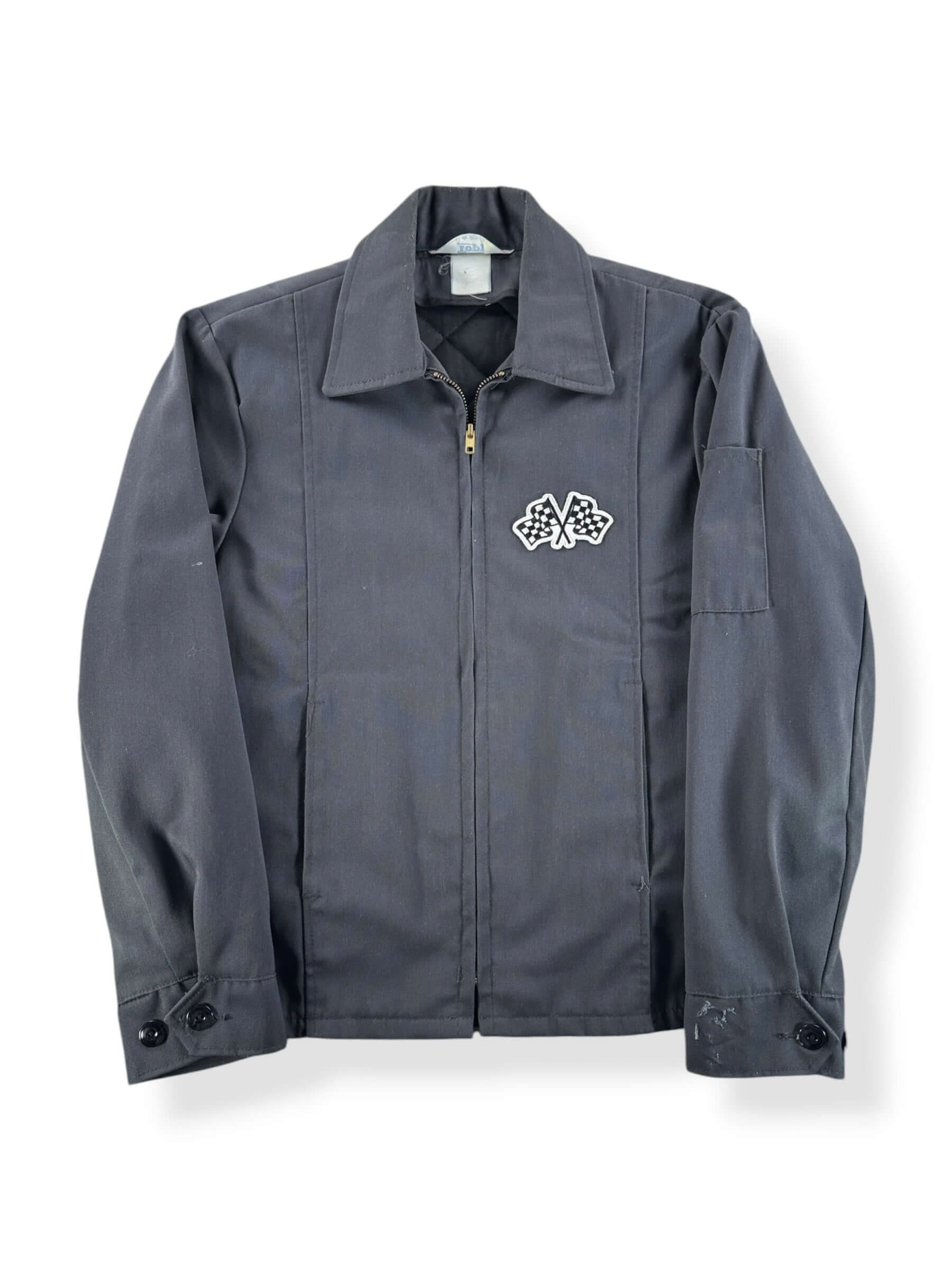 Front of Vintage 90s Grey Checkered Flag Patch Gas Station Jacket SZ M