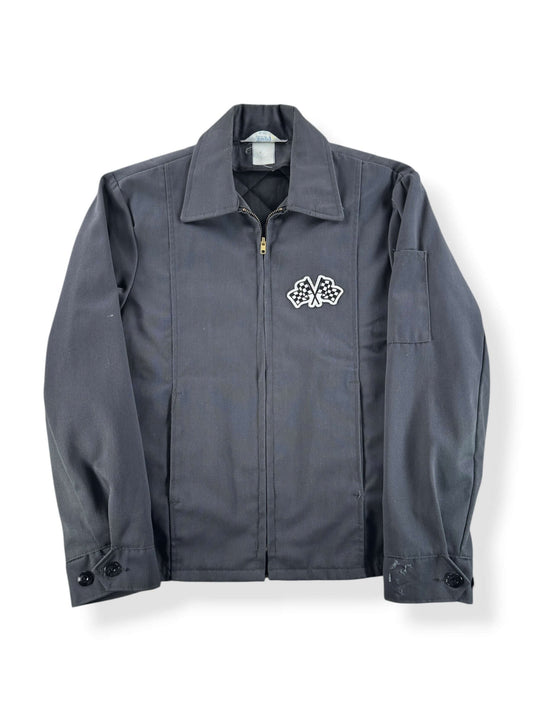 Front of Vintage 90s Grey Checkered Flag Patch Gas Station Jacket SZ M