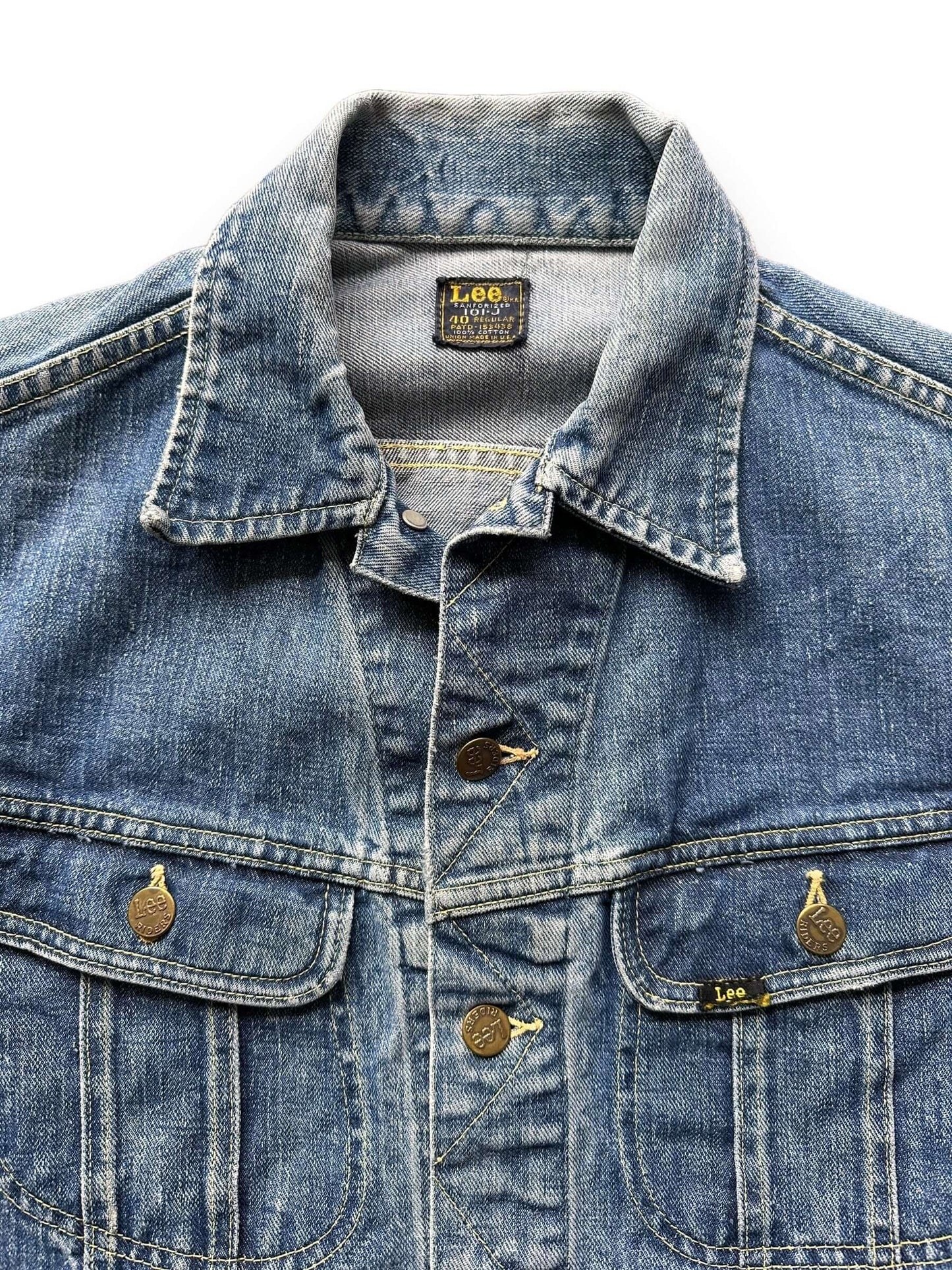 Upper Torso View of Vintage Lee 101-J Denim Jacket SZ 40 | Vintage Denim Workwear Seattle