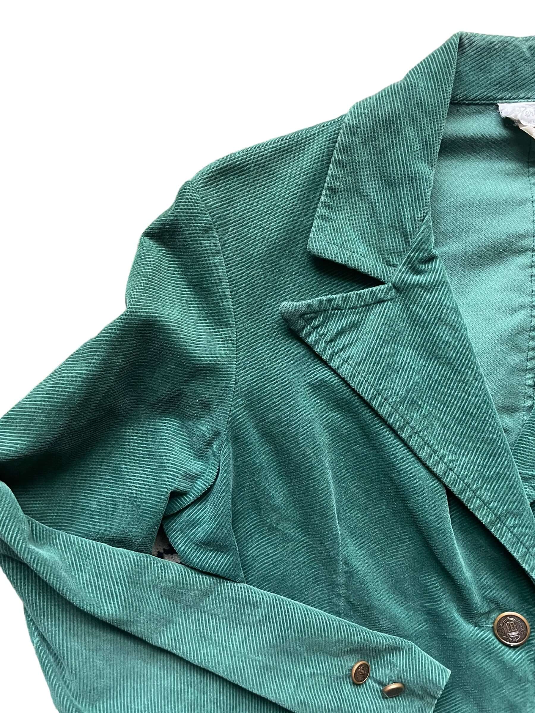 Front right shoulder view of Vintage 1970s Green Corduroy Blazer | Vintage Ladies Clothing | Barn Owl True Vintage