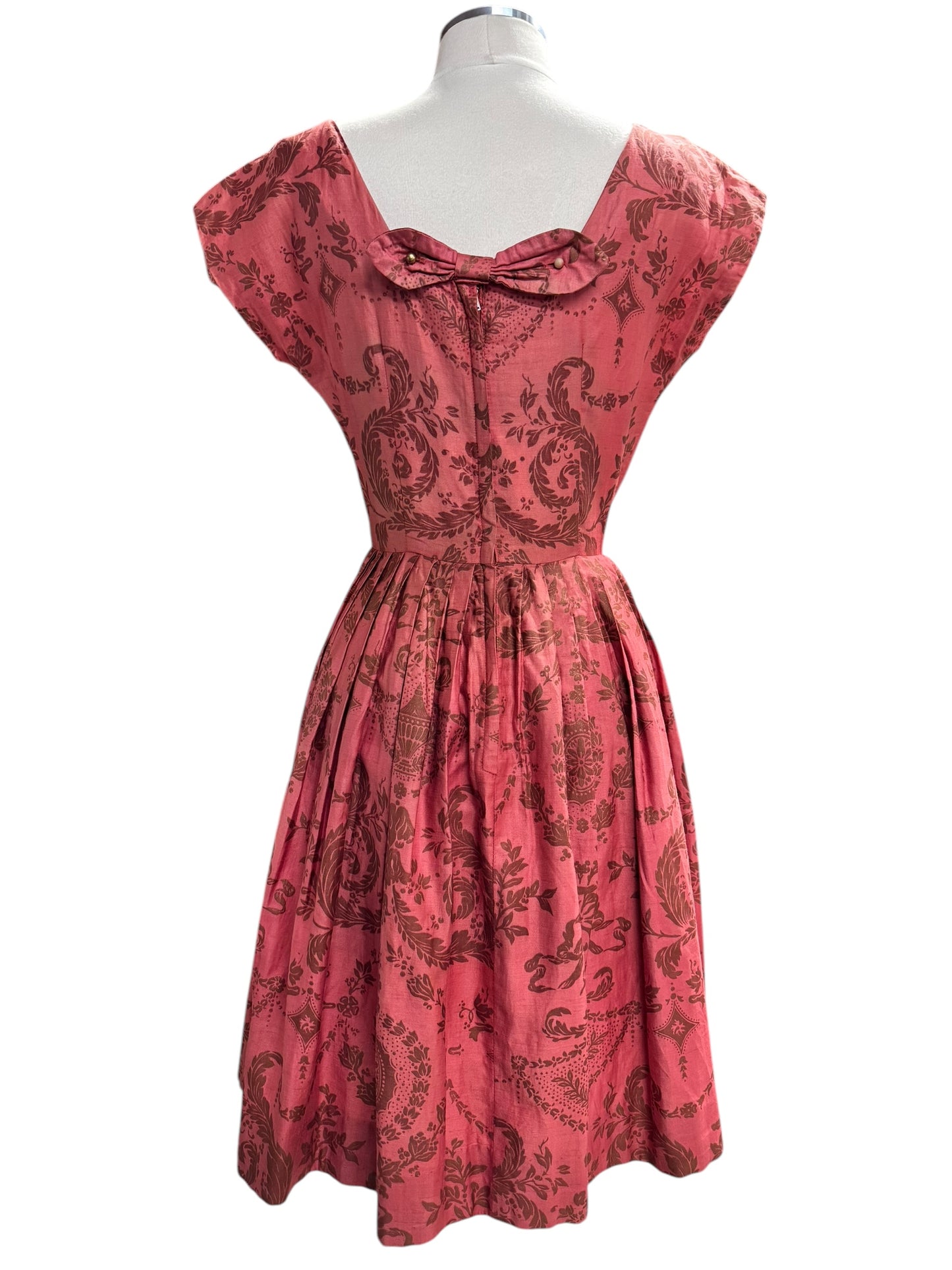 Full back view of 1950s Junior TIme Damask Pattern Dress S