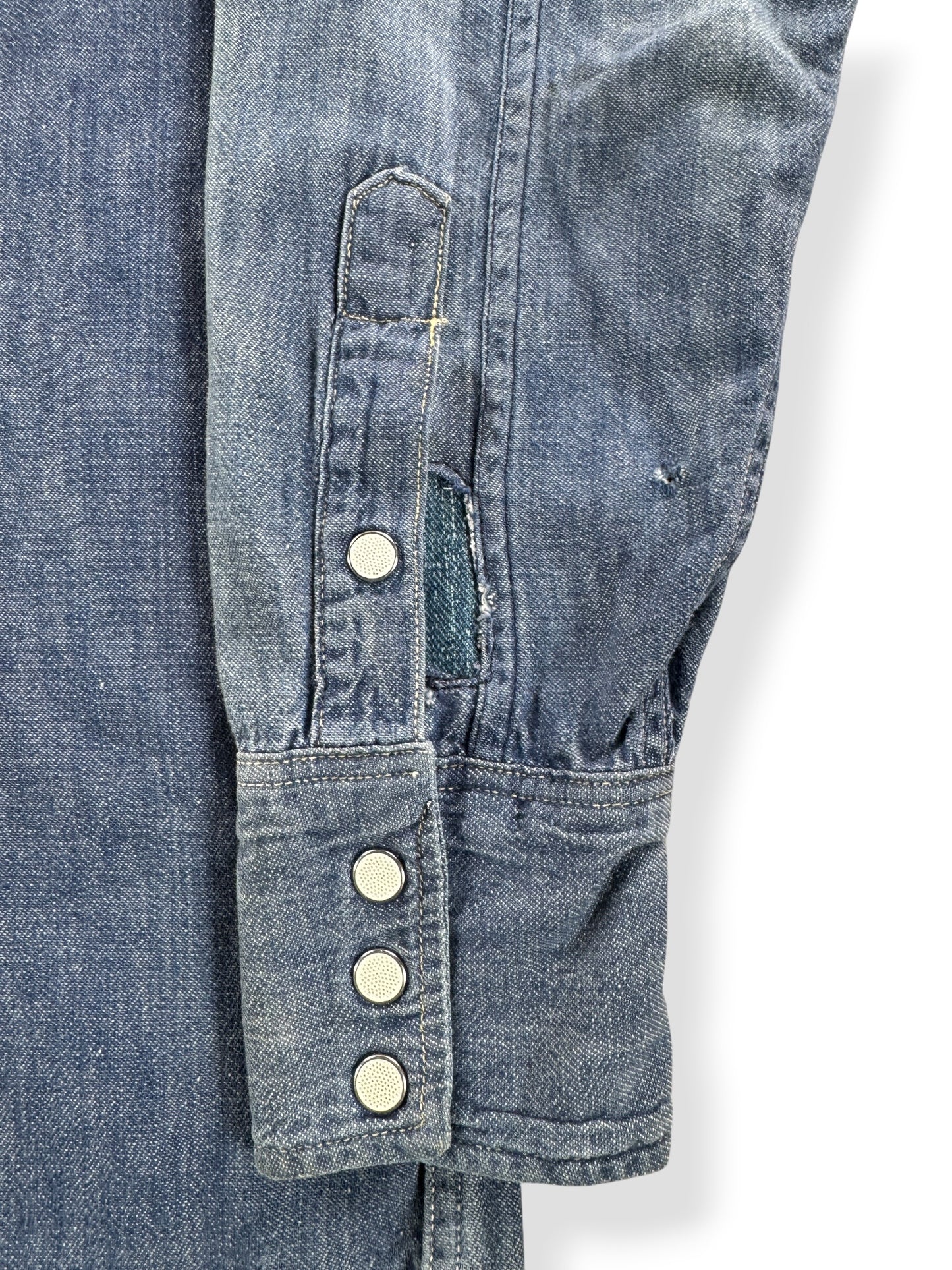 Repair on Vintage 1950s Penny's Foremost Denim Western Shirt SZ XL