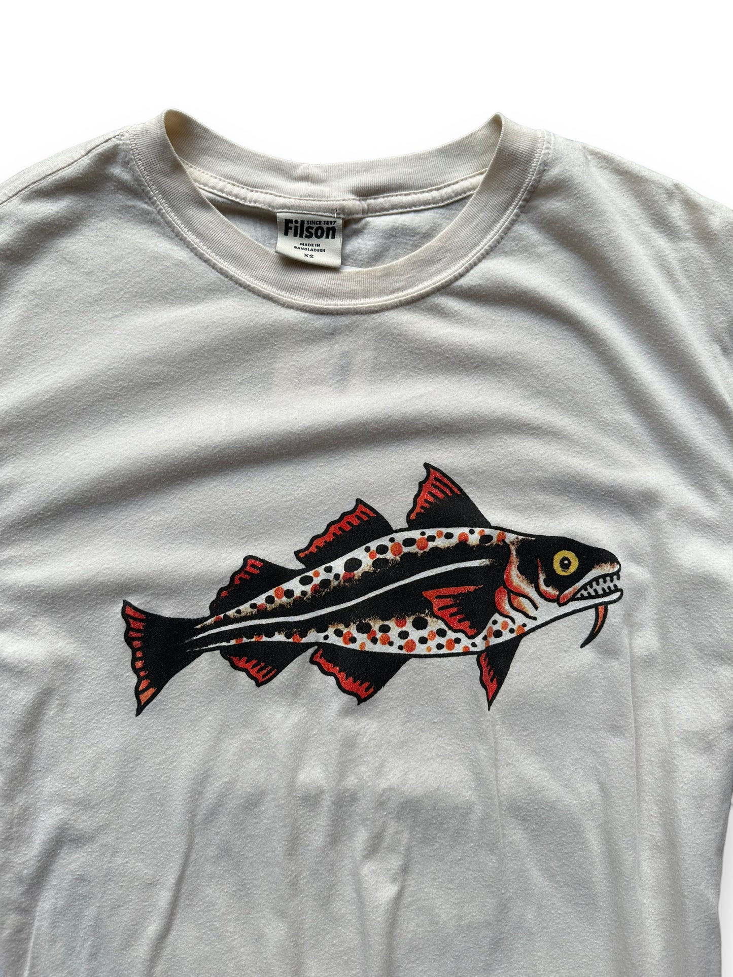 Tag View of Filson Fish Graphic Tee SZ XS |  Barn Owl Vintage Goods | Vintage Filson Workwear Seattle