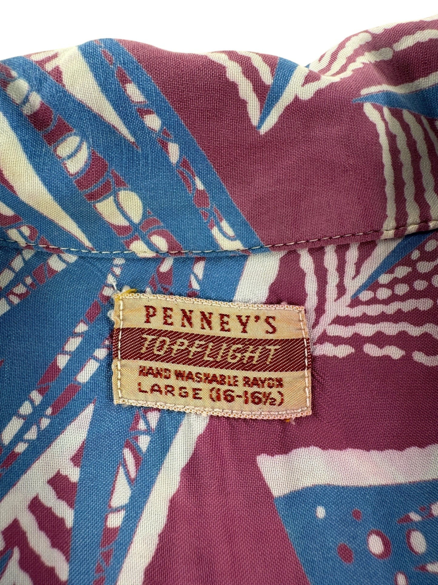 Label on Vintage Penney's Top Flight Abstract Patterned Aloha Shirt SZ L - AS IS