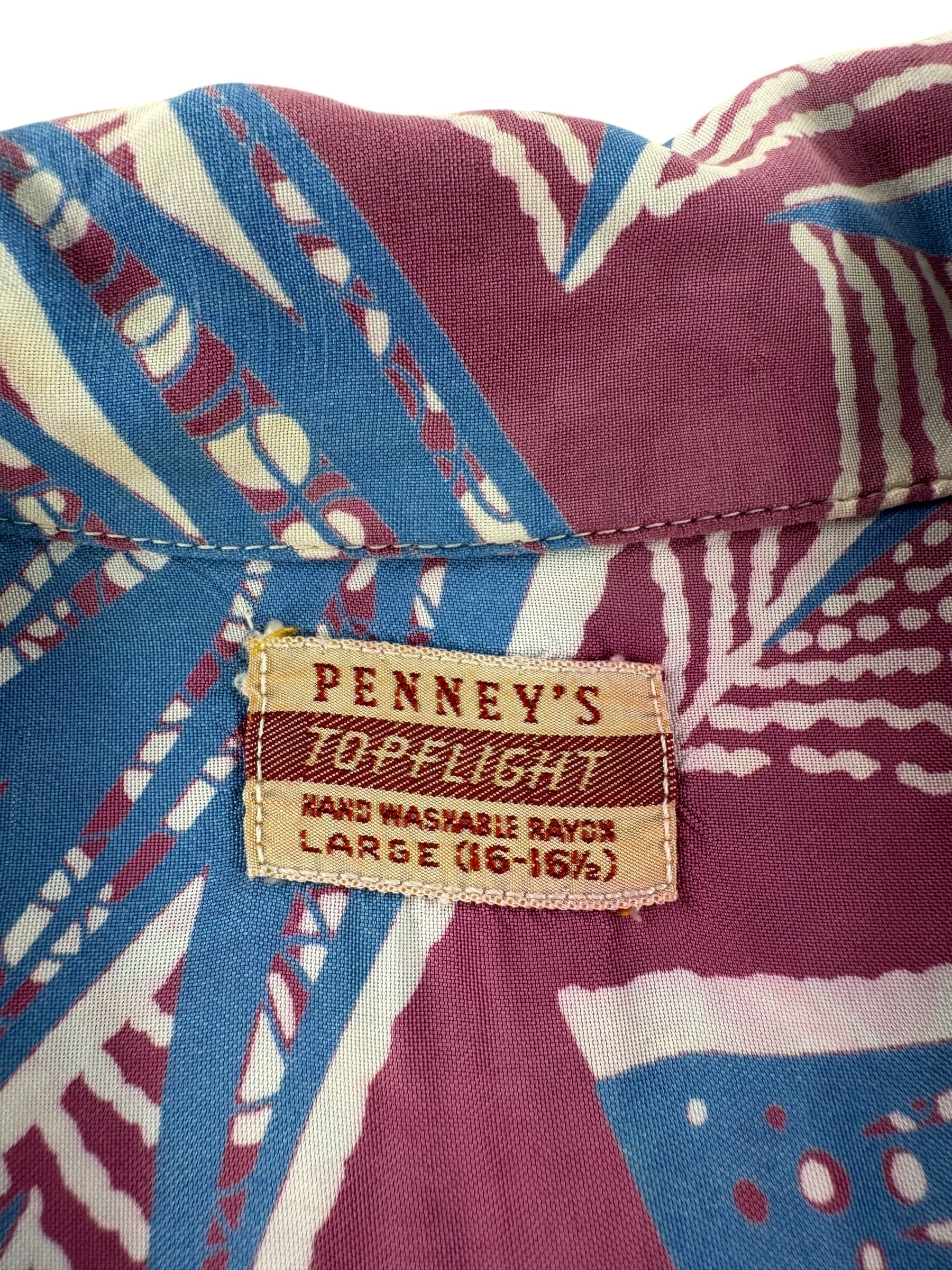 Label on Vintage Penney's Top Flight Abstract Patterned Aloha Shirt SZ L - AS IS