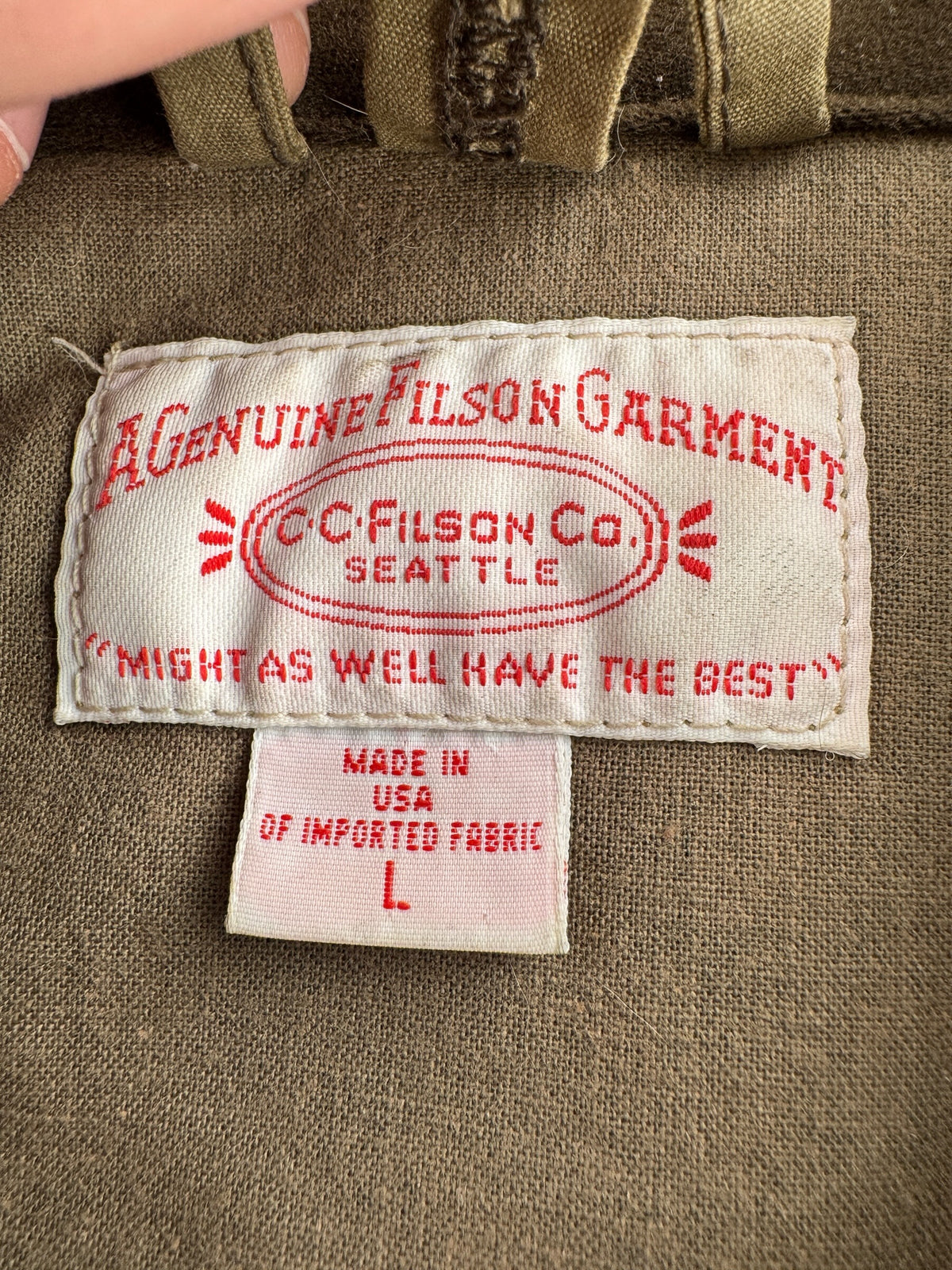 Labels on Filson 2000s Era Tin Cloth 1493N Jacket SZ L