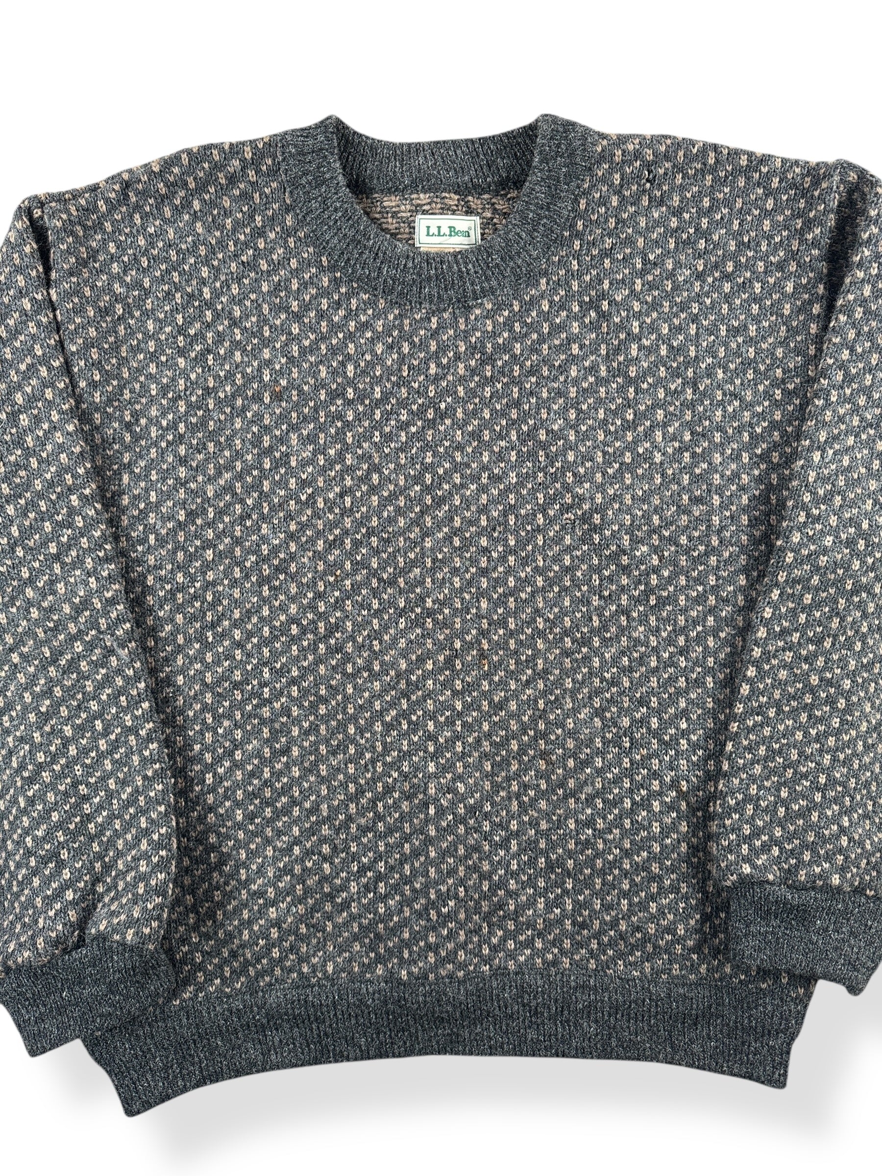 Front Close Up of Vintage Brown & Grey L.L. Bean Nordic Birdseye Sweater SZ L