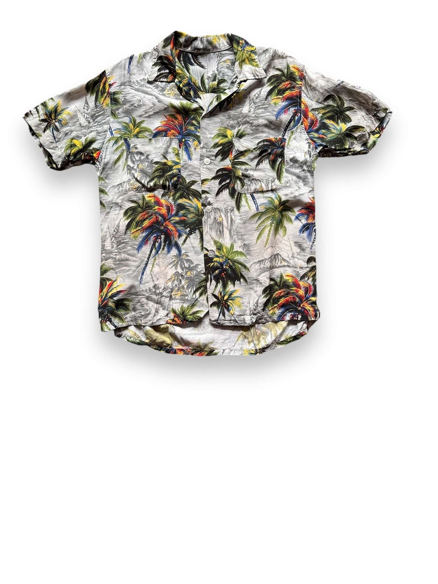 Front View of Vintage Tropical Tree Themed Aloha Shirt SZ M