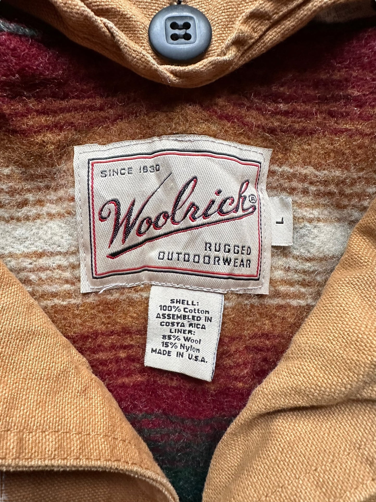 Tag View of Vintage Woolrich Blanket Lined Barn Coat SZ L | Vintage Woolrich Jacket Seattle  | Seattle Vintage Clothing