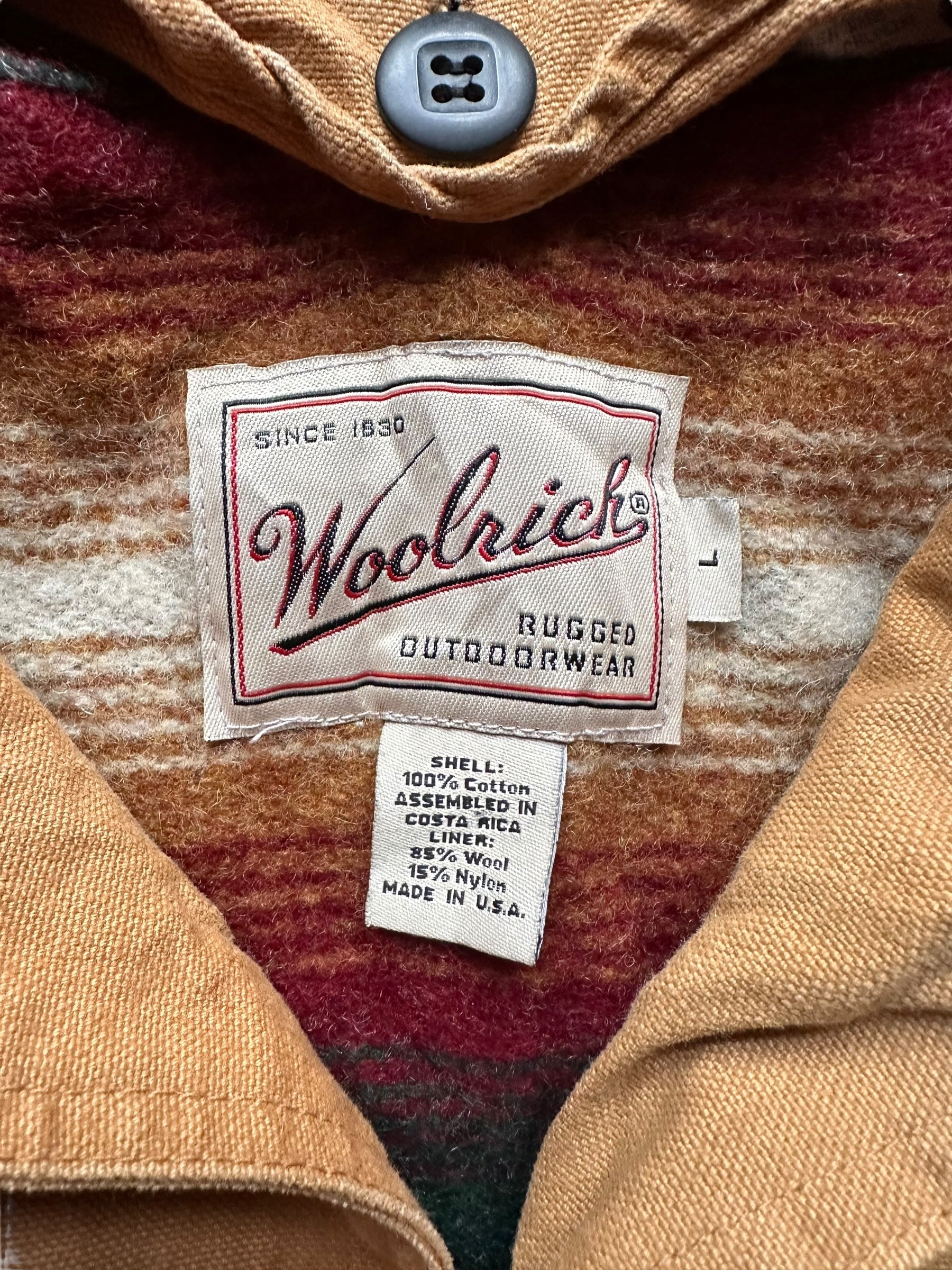 Tag View of Vintage Woolrich Blanket Lined Barn Coat SZ L | Vintage Woolrich Jacket Seattle  | Seattle Vintage Clothing