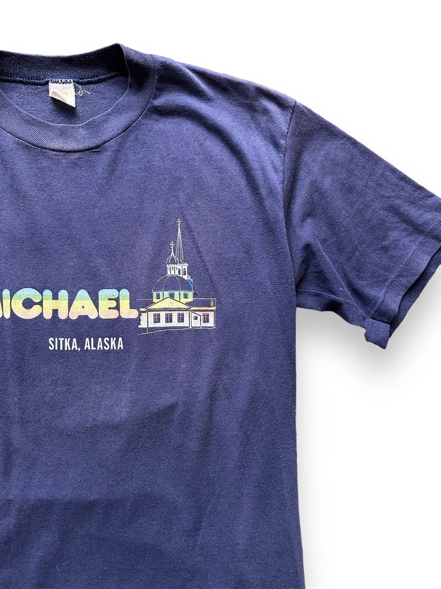 Front Left Shoulder View of Vintage St. Michael's Sitka Alaska Tee SZ M | Vintage Alaska T-Shirts Seattle | Barn Owl Vintage Clothing Seattle