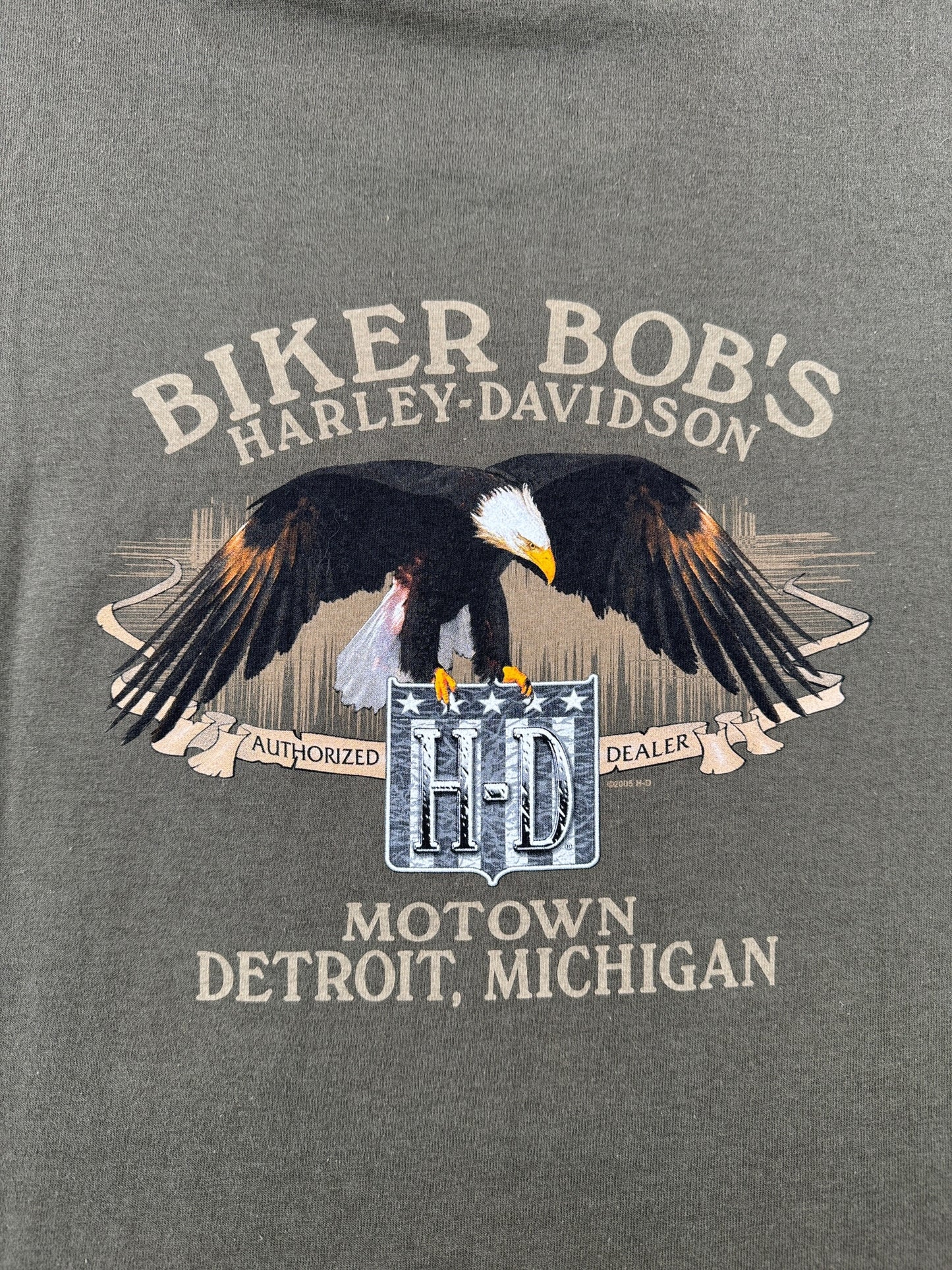 Back Graphic of Vintage Deadstock 2005 Biker Bobs Harley Detroit Tee SZ XL