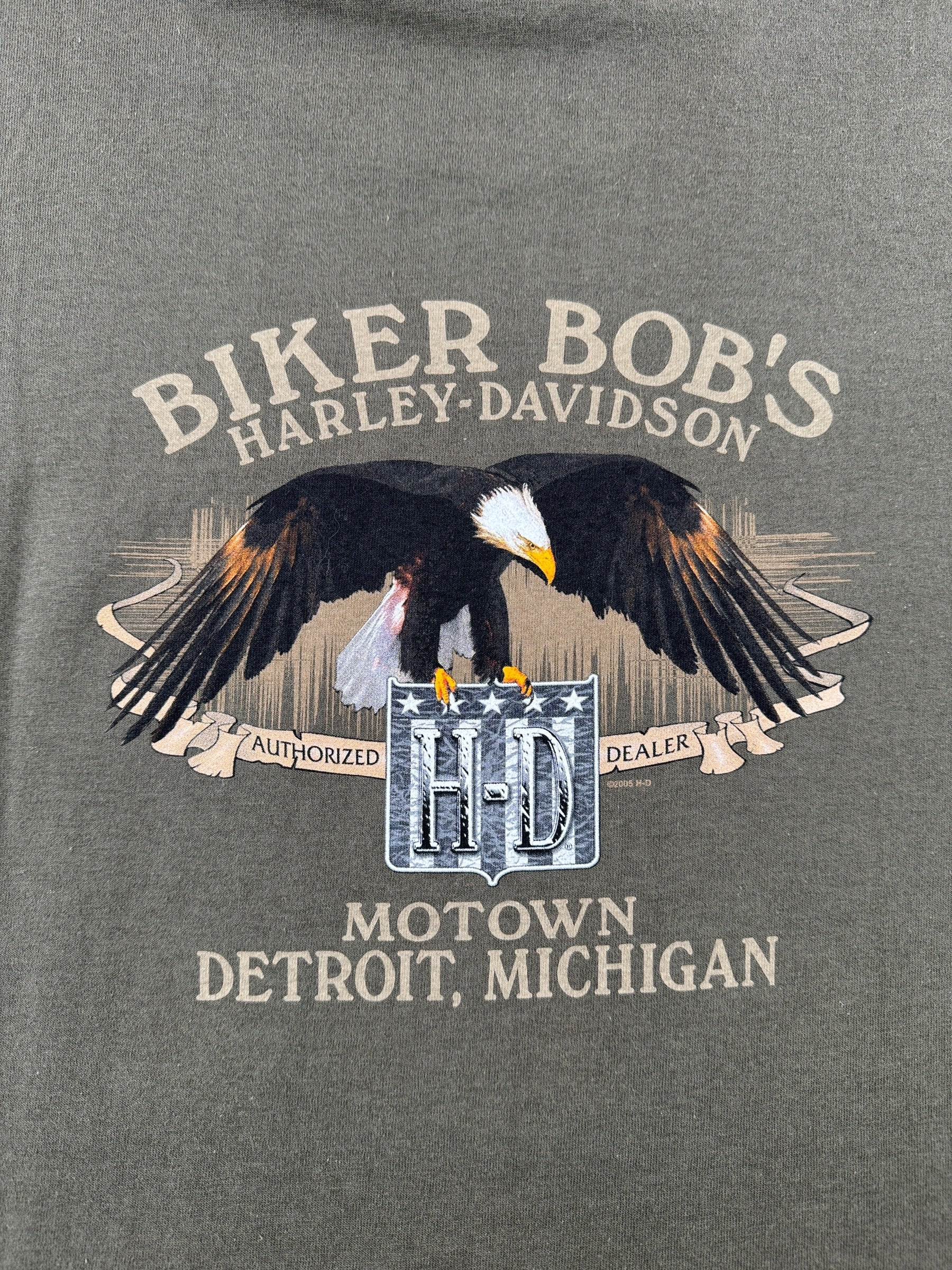 Back Graphic of Vintage Deadstock 2005 Biker Bobs Harley Detroit Tee SZ XL