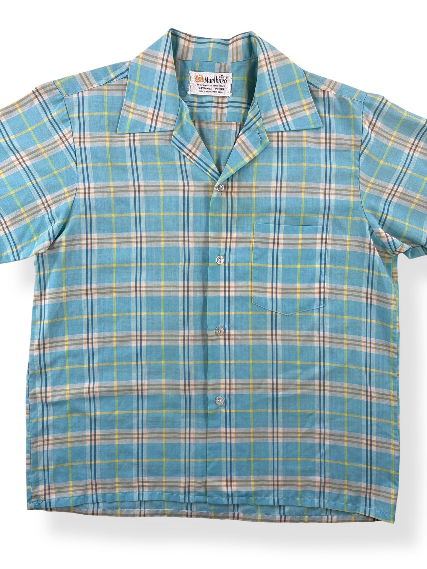 Front Close Up of Vintage Marlboro Blue Yellow Plaid Short Sleeve Shirt SZ M