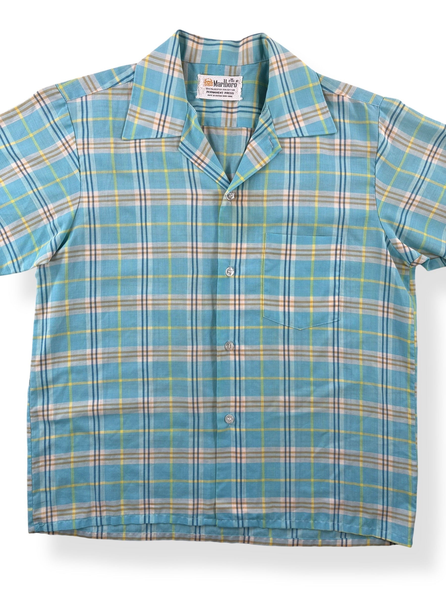 Front Close Up of Vintage Marlboro Blue Yellow Plaid Short Sleeve Shirt SZ M