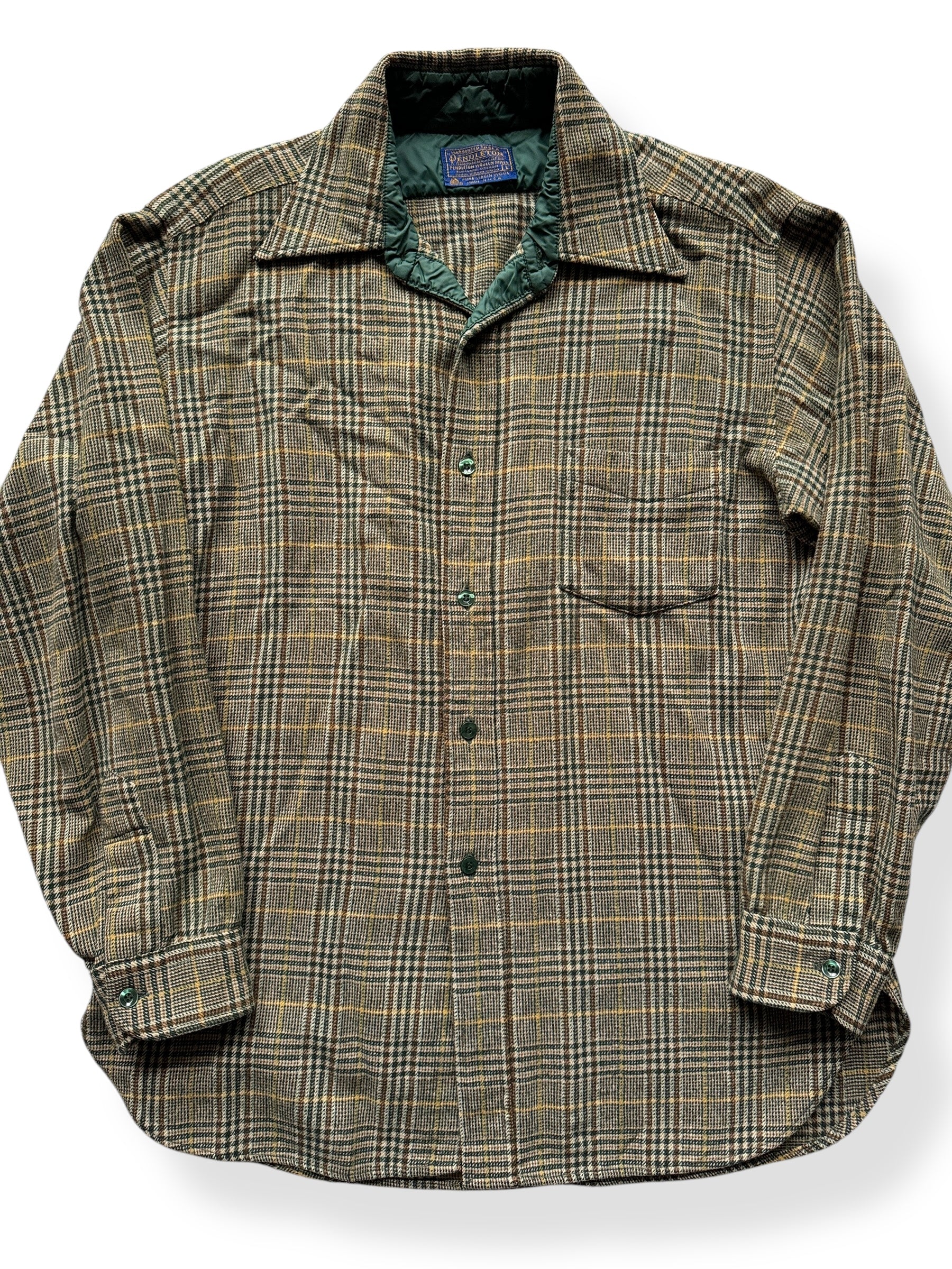 Front Close Up of Vintage Pendleton Green & Beige Flannel SZ L