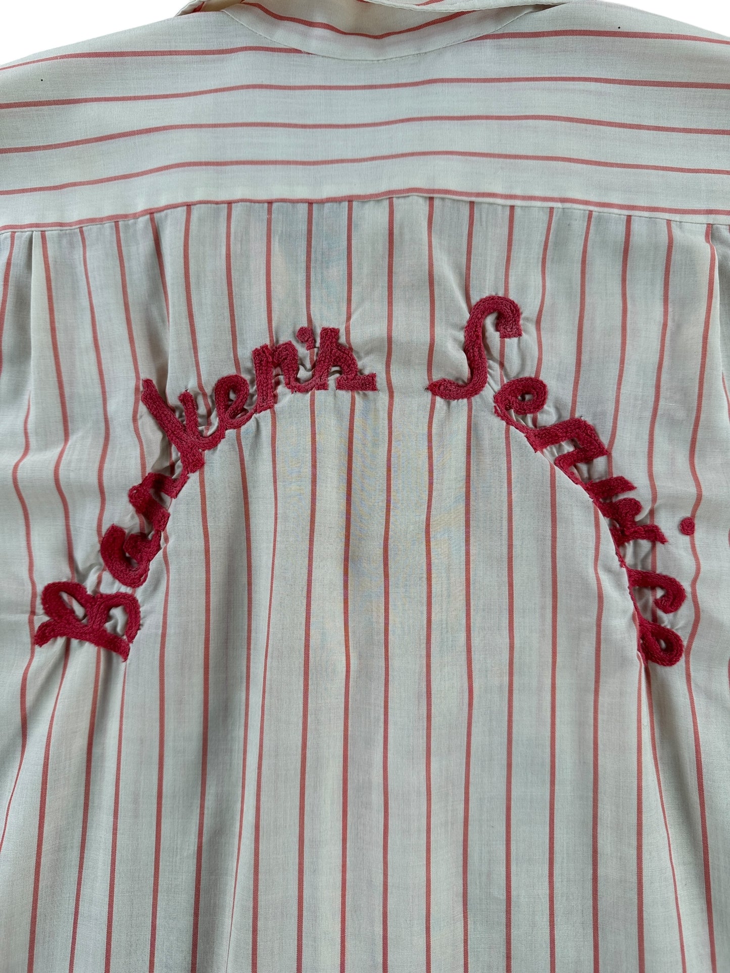 Back Stitching on Vintage Banker's Service Pinstripe Work Shirt SZ XL