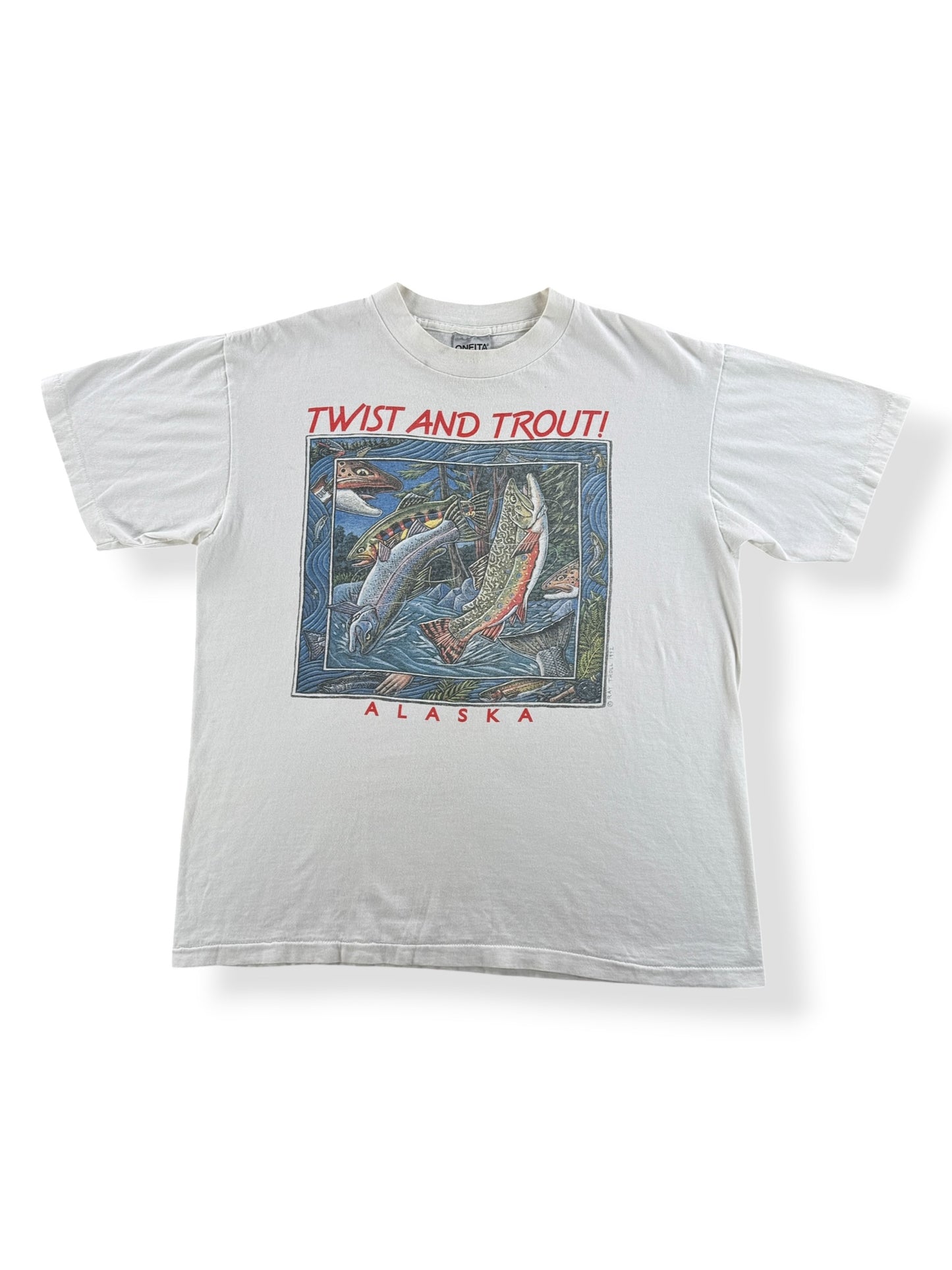 Front of Vintage 90s Ray Troll Twist and Trout Tee SZ L