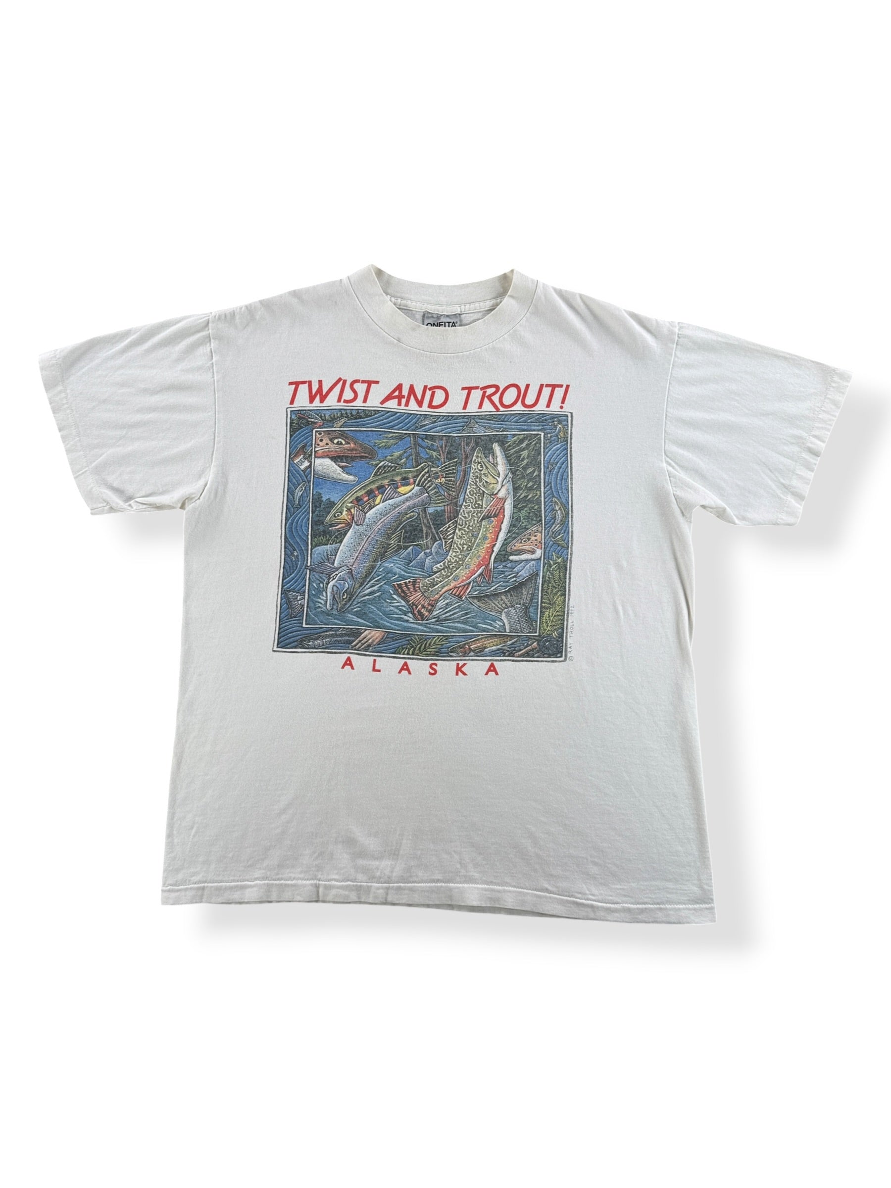 Front of Vintage 90s Ray Troll Twist and Trout Tee SZ L