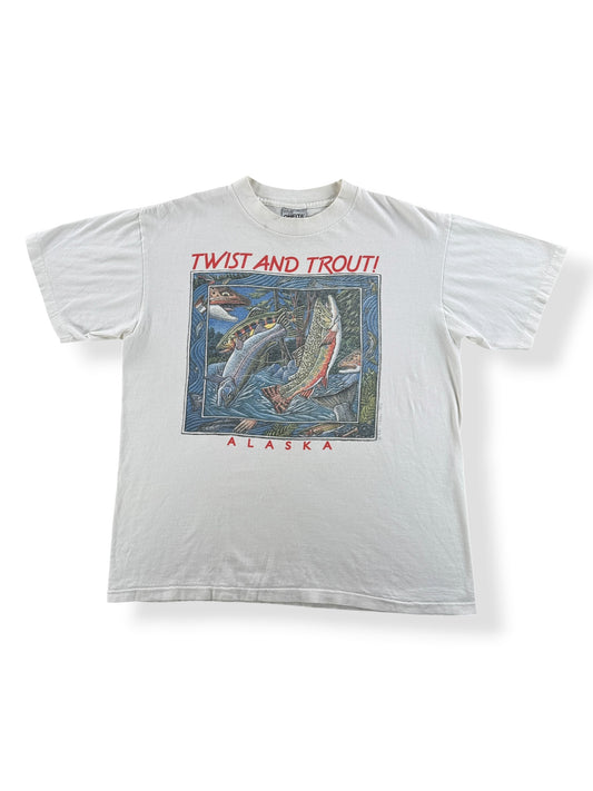 Front of Vintage 90s Ray Troll Twist and Trout Tee SZ L