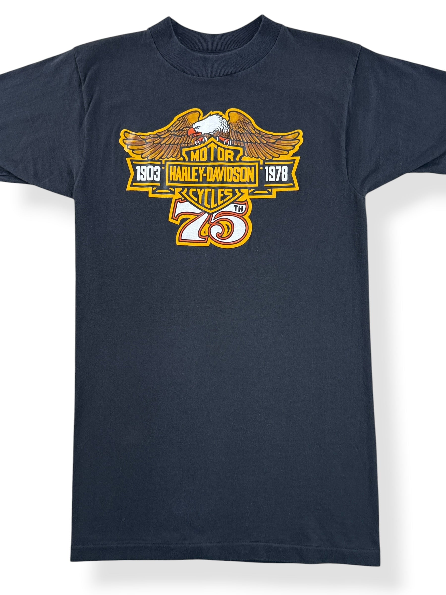 Front Close Up of Vintage Bellevue Harley Davidson 75th Anniversary Tee SZ S (Fits XS)