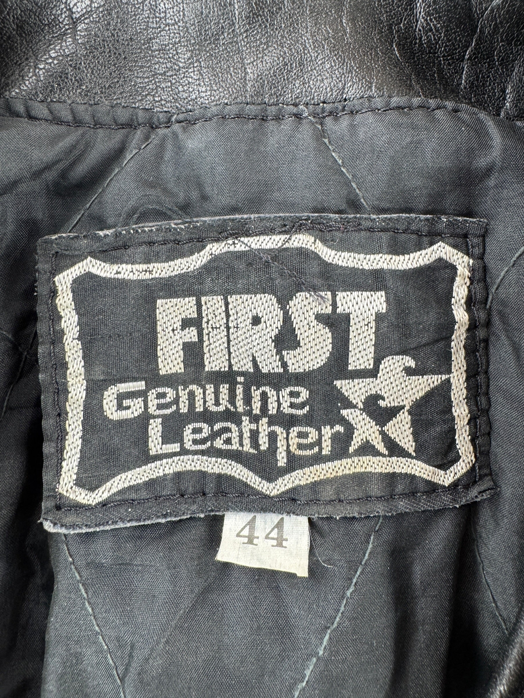 Label on Vintage First Leather Biker Jacket SZ 44