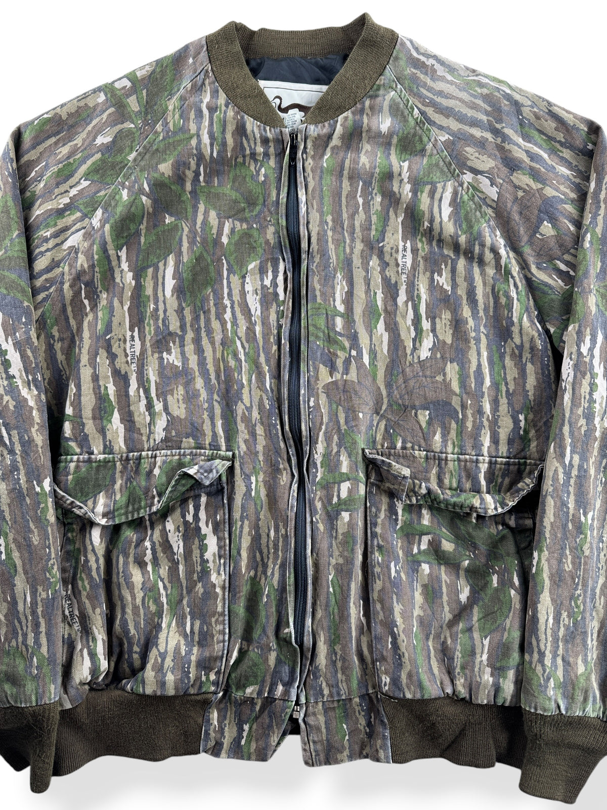 Close-up of Vintage Duxbak Camo Bomber Jacket SZ XL