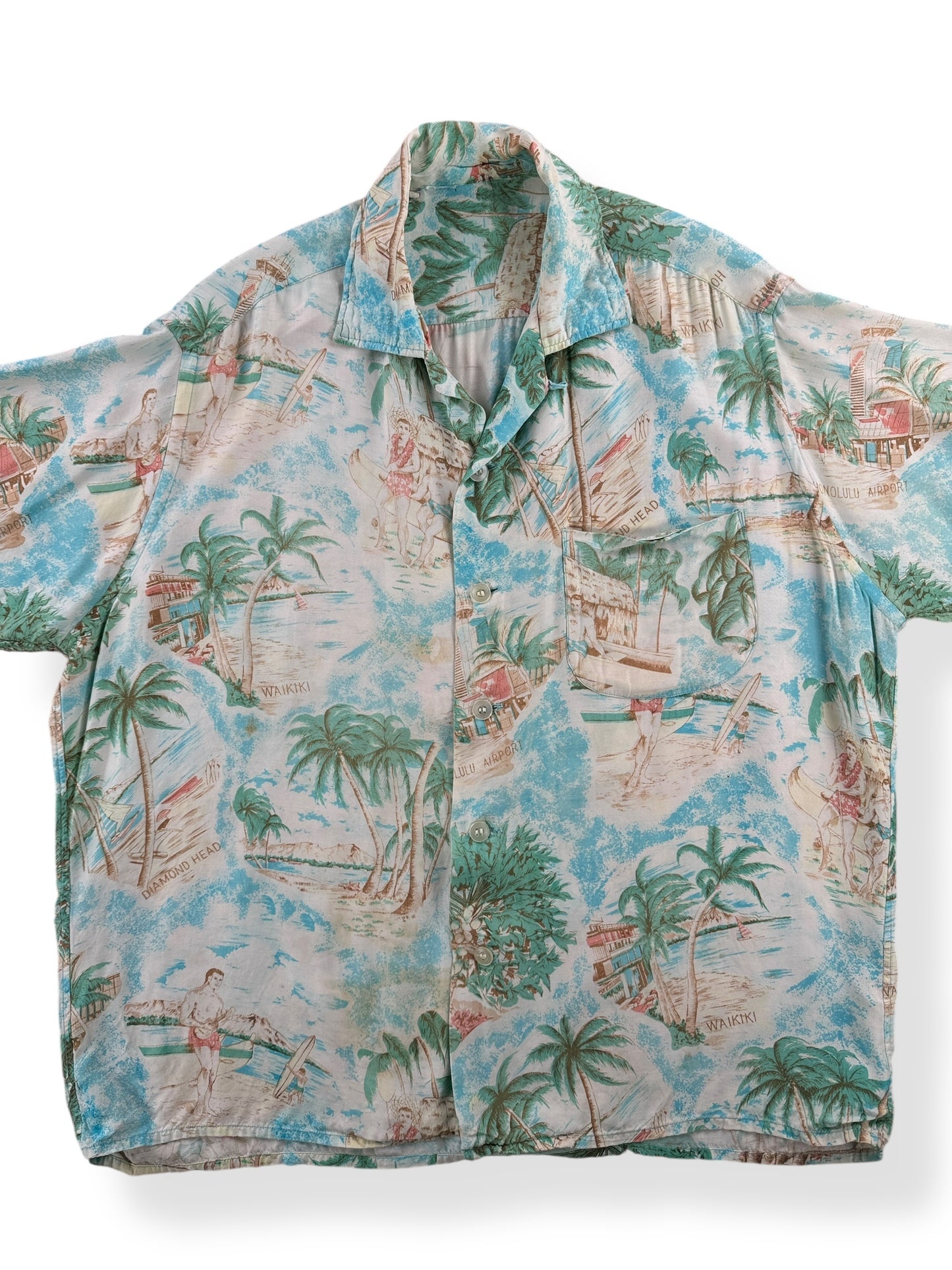 Front Close Up of Vintage Waikiki Rayon Aloha Top SZ L