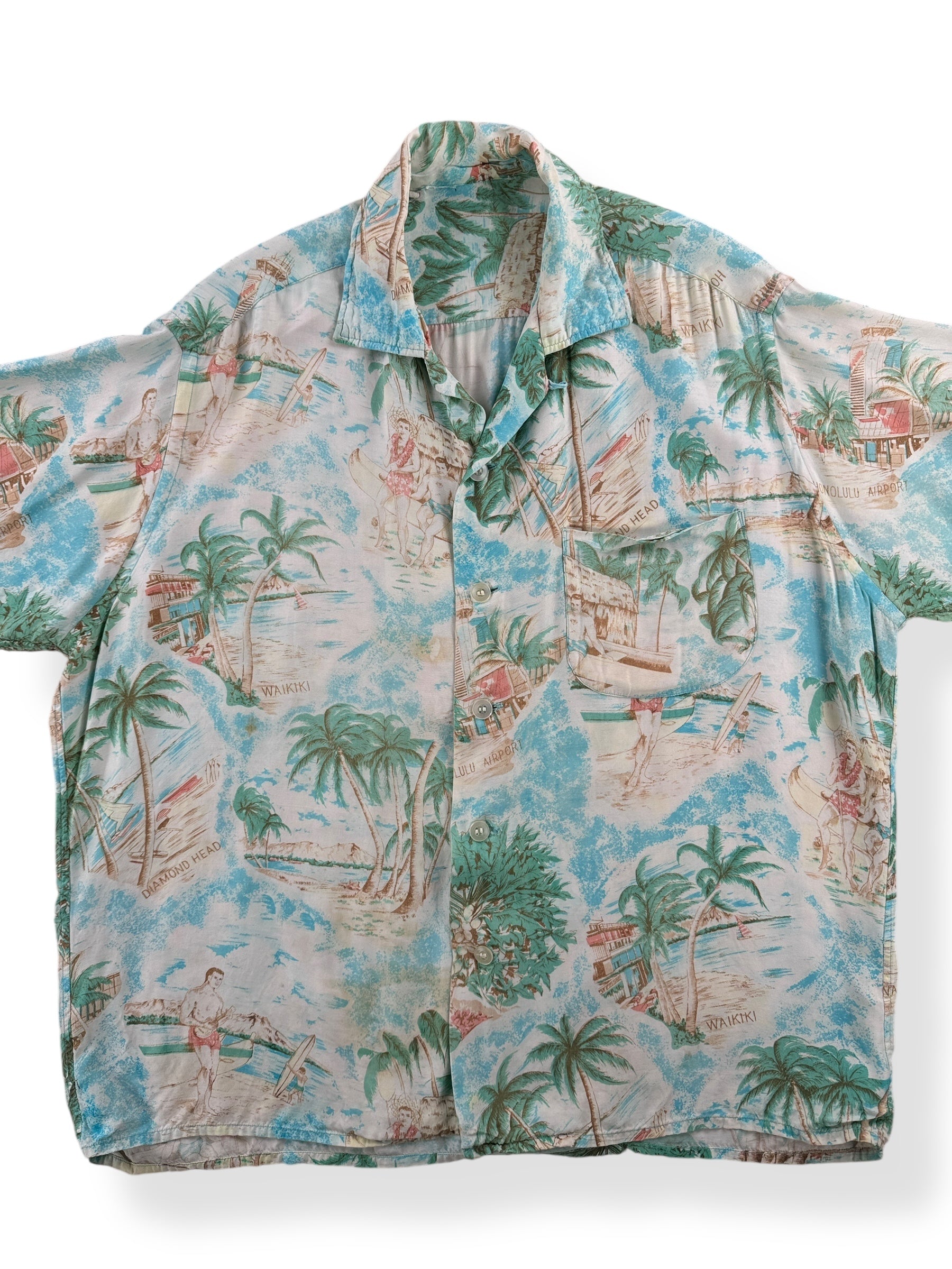 Front Close Up of Vintage Waikiki Rayon Aloha Top SZ L