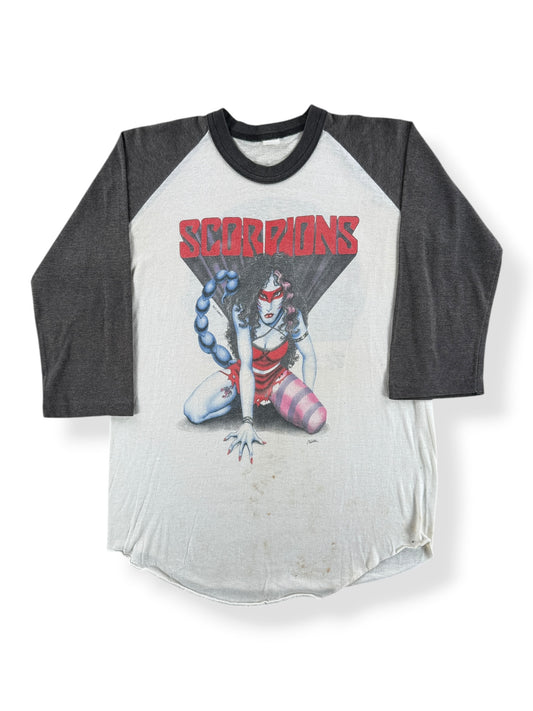 Front of Vintage 80s Scorpions Raglan Tee SZ L (Fits M)