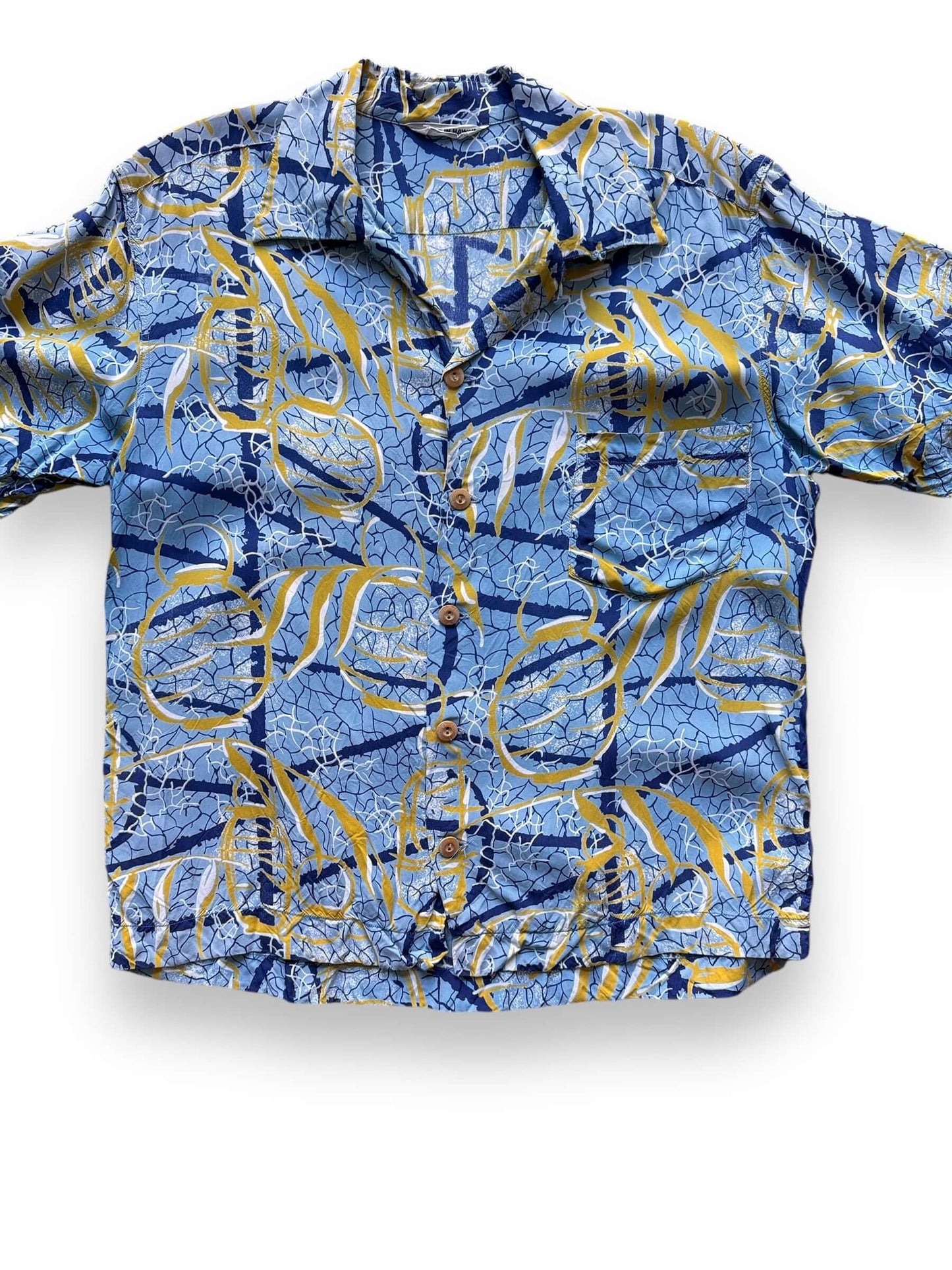 Front Detail on Vintage Blue & Gold Abstract Rayon Aloha Shirt SZ M