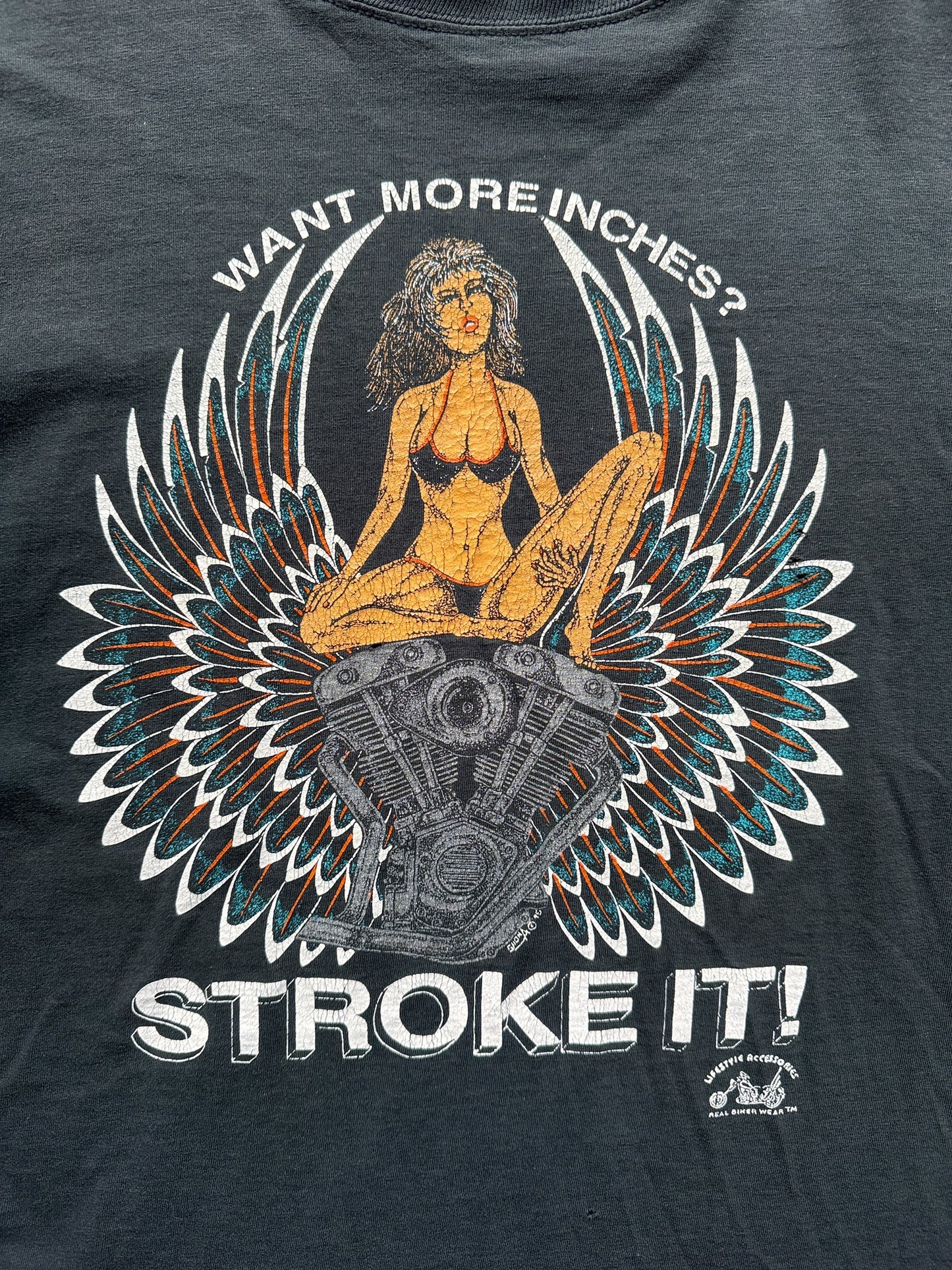 front graphic of Vintage ‘88 Stroke It Biker Tee SZ XL