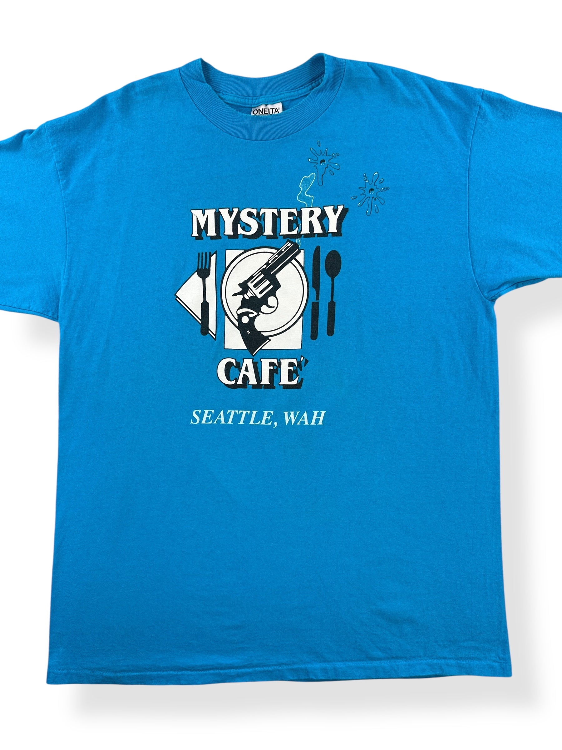 Front Close Up of Vintage Mystery Cafe Seattle Tee SZ XL