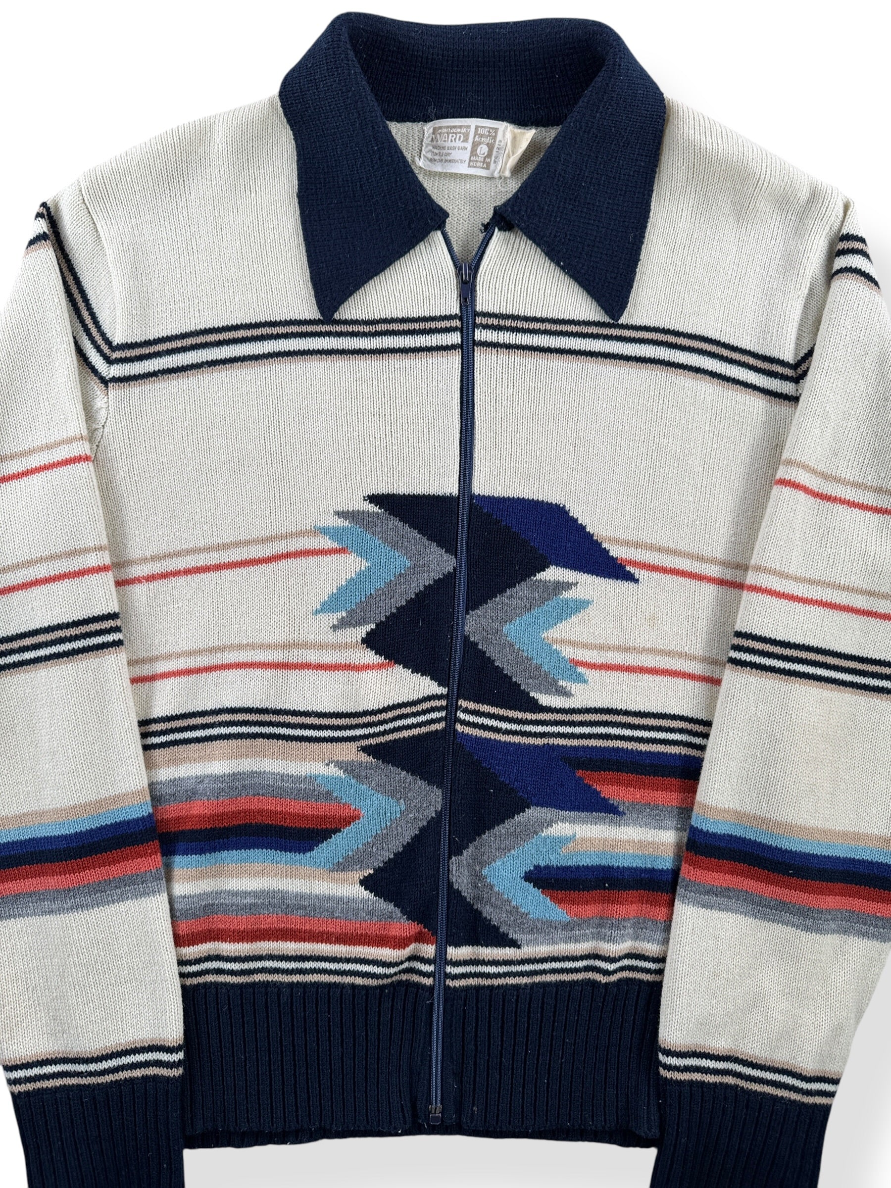 Front Close Up of Vintage 70s MW Aztec Acrylic Zip Up Sweater SZ L (Fits S)