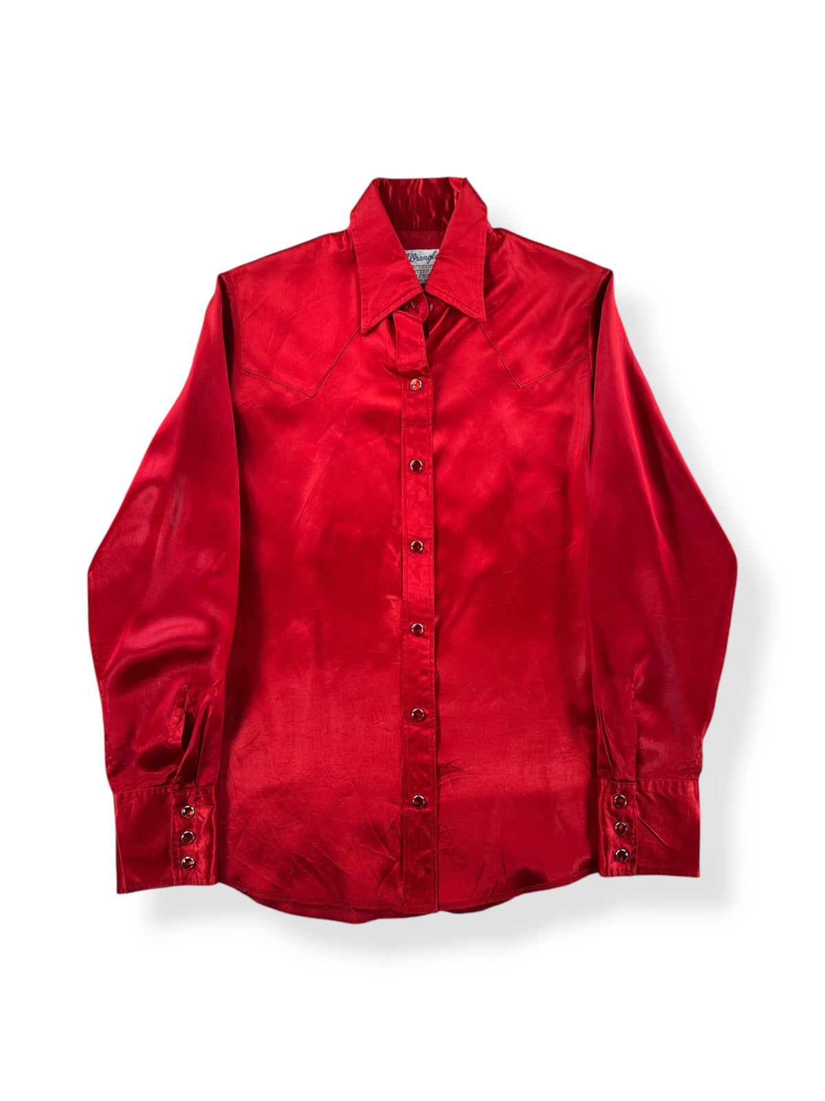 Front of Vintage Wrangler Red Western Pearl Snap SZ S