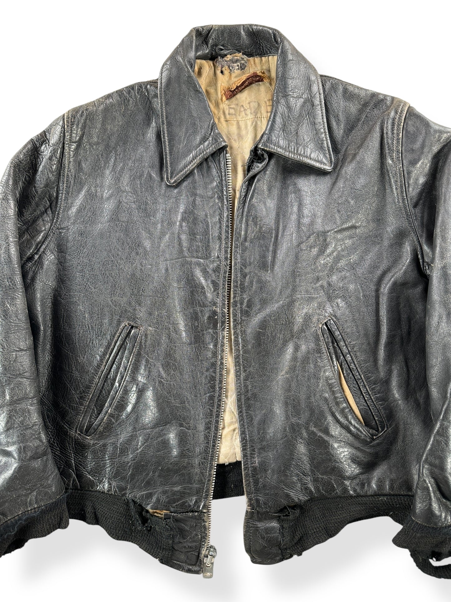 Front Close Up of Vintage Distressed Kurland by Star Sportswear Leather Jacket SZ M AS IS