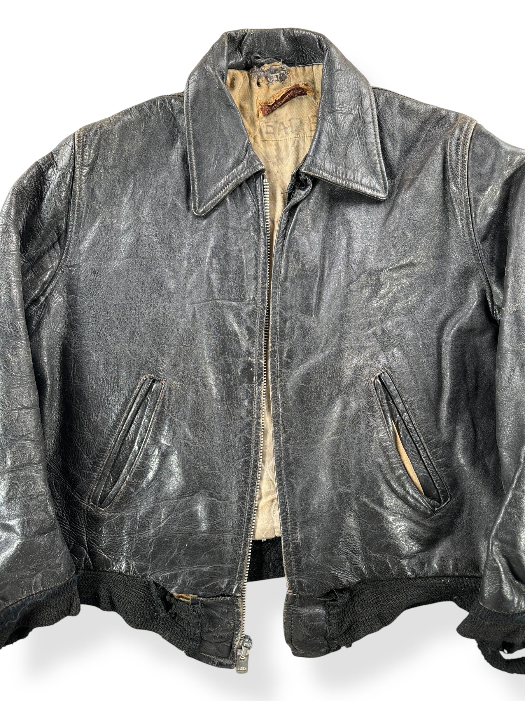 Front Close Up of Vintage Distressed Kurland by Star Sportswear Leather Jacket SZ M AS IS