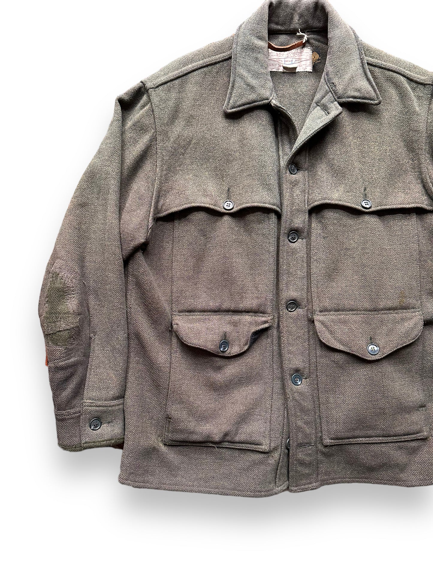 front right of Vintage 80s Filson Weathered Repaired Cape Coat SZ 42 |  Barn Owl Vintage Goods | Vintage Filson Workwear Seattle
