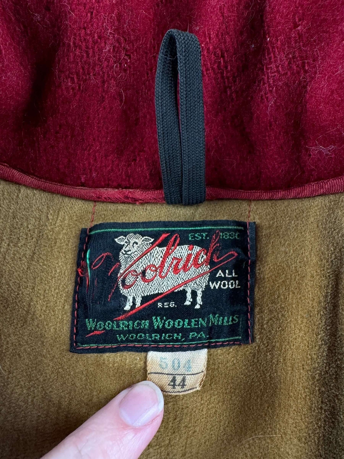 Tag on Vintage Woolrich Burgundy Hooded Wool Jacket SZ 44