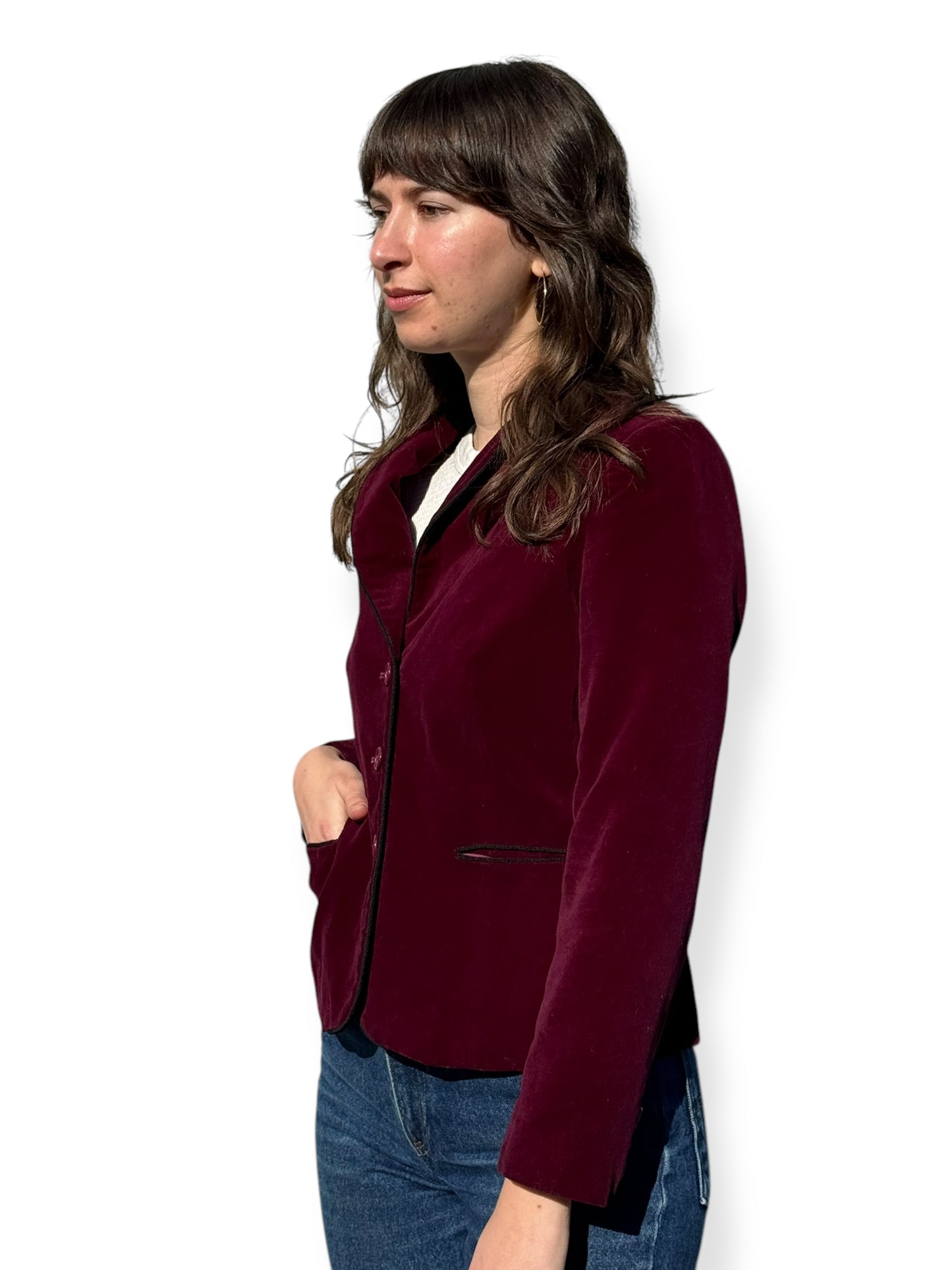 Side view of 1980s Burgundy Velvet Nordstrom Blazer M