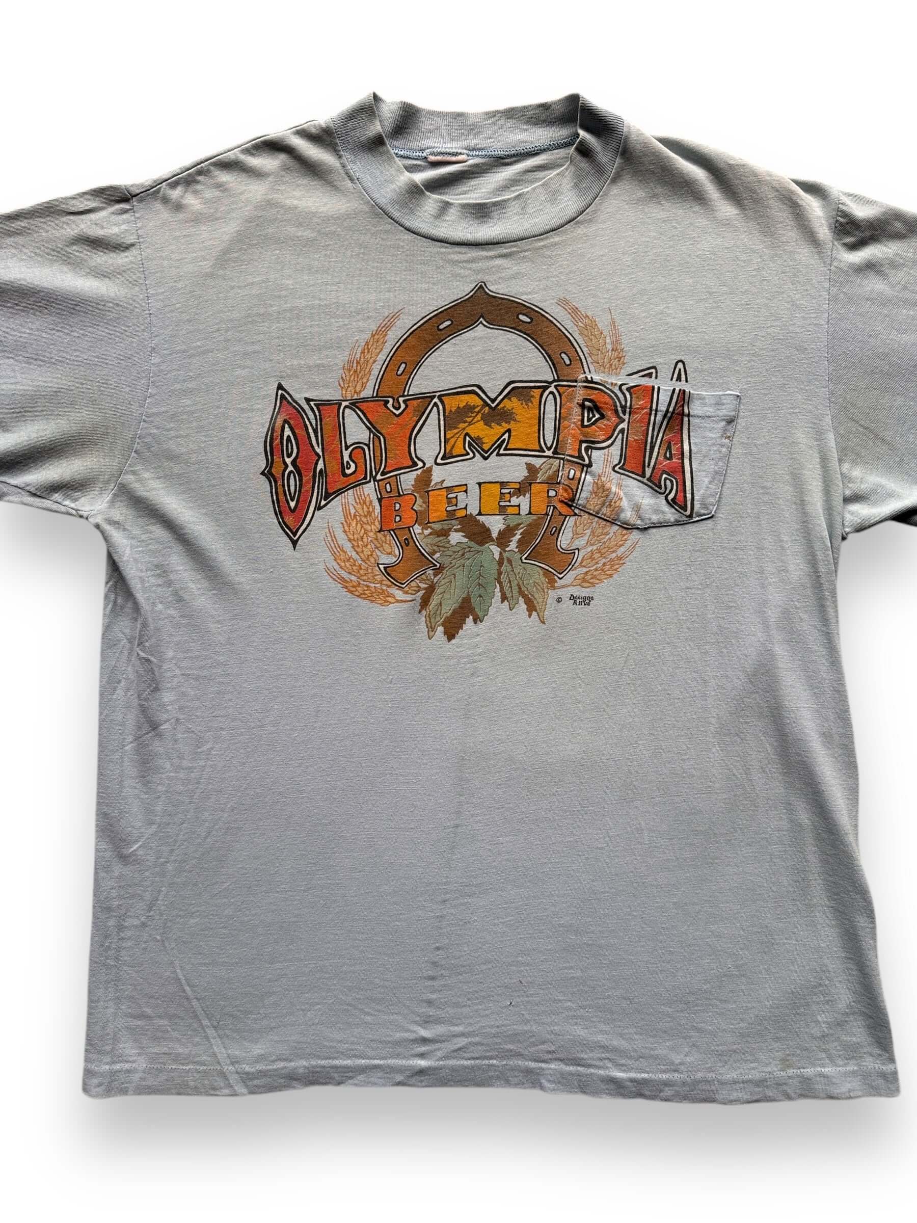 front close up of Vintage Olympia Beer Two-Sided Pocket Tee SZ L